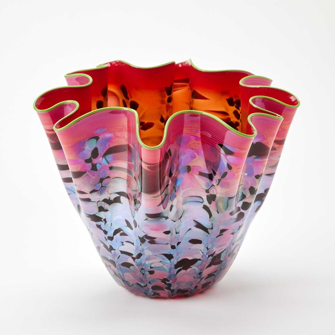 Dale Chihuly Hand-Blown Glass "Ruby" Macchia With Lime Green Lip Wrap: Portland Press Edition, 2001 Of organic form, engraved Chihuly and PP01. Height 9 3/4 inches, width 11 1/8 inches.