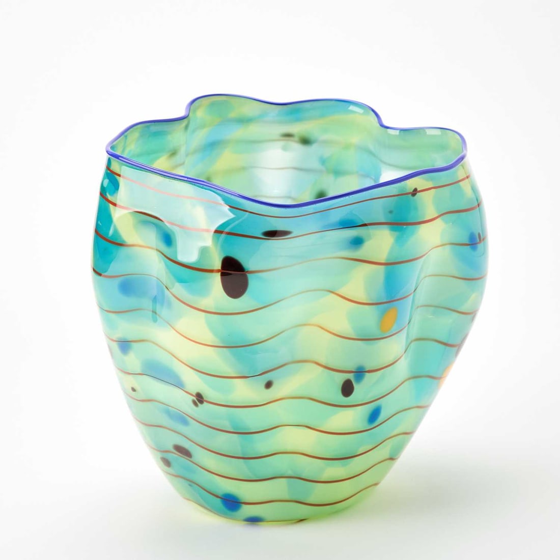 Dale Chihuly Hand-Blown Glass "Ocean" Macchia Basket With Blue Lip Wrap (1 of 5)