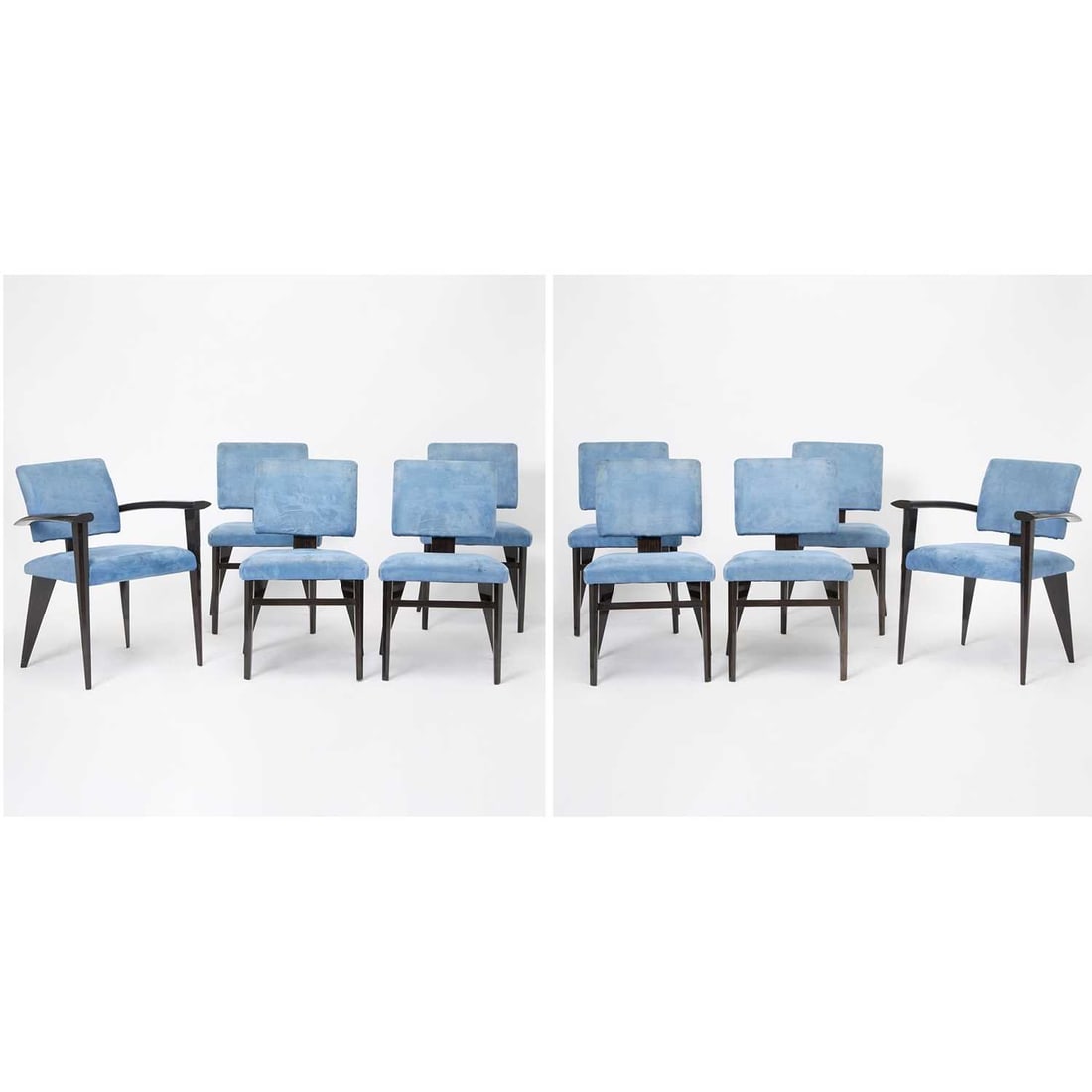 Set of Ten Giorgio Saporiti Upholstered Dark Stained Wood Dining Chairs: Late 20th century Including a pair of armchairs. Height of back 31 inches, height of seat 18 1/2 inches, width of armchairs 26 inches, depth 22 1/2 inches.