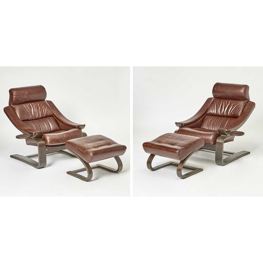 Pair of Ake Fribytter for Roche Bobois Leather Upholstered Bentwood "Kroken" Lounge Chairs and (1 of 9)