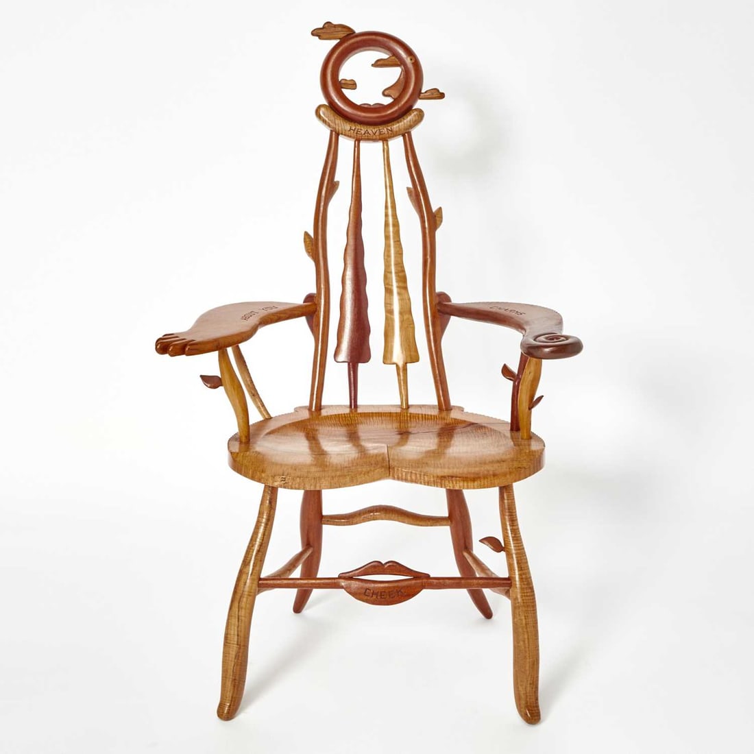 Tommy Simpson Studio Mixed Woods Armchair: Late 20th/early 21st century Height of back 47 inches, height of seat 17 3/4 inches, width 29 inches, depth 26 1/2 inches.