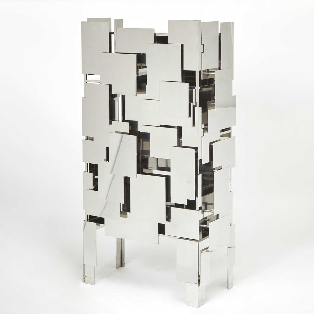 Mattia Bonetti Stainless Steel "Strata" Cabinet: Limited edition of 8 with 2 prototypes and 2 artist's proofs, 2000s. Height 66 inches, width 34 inches, depth 17 1/4 inches. Provenance: David Gill Gallery