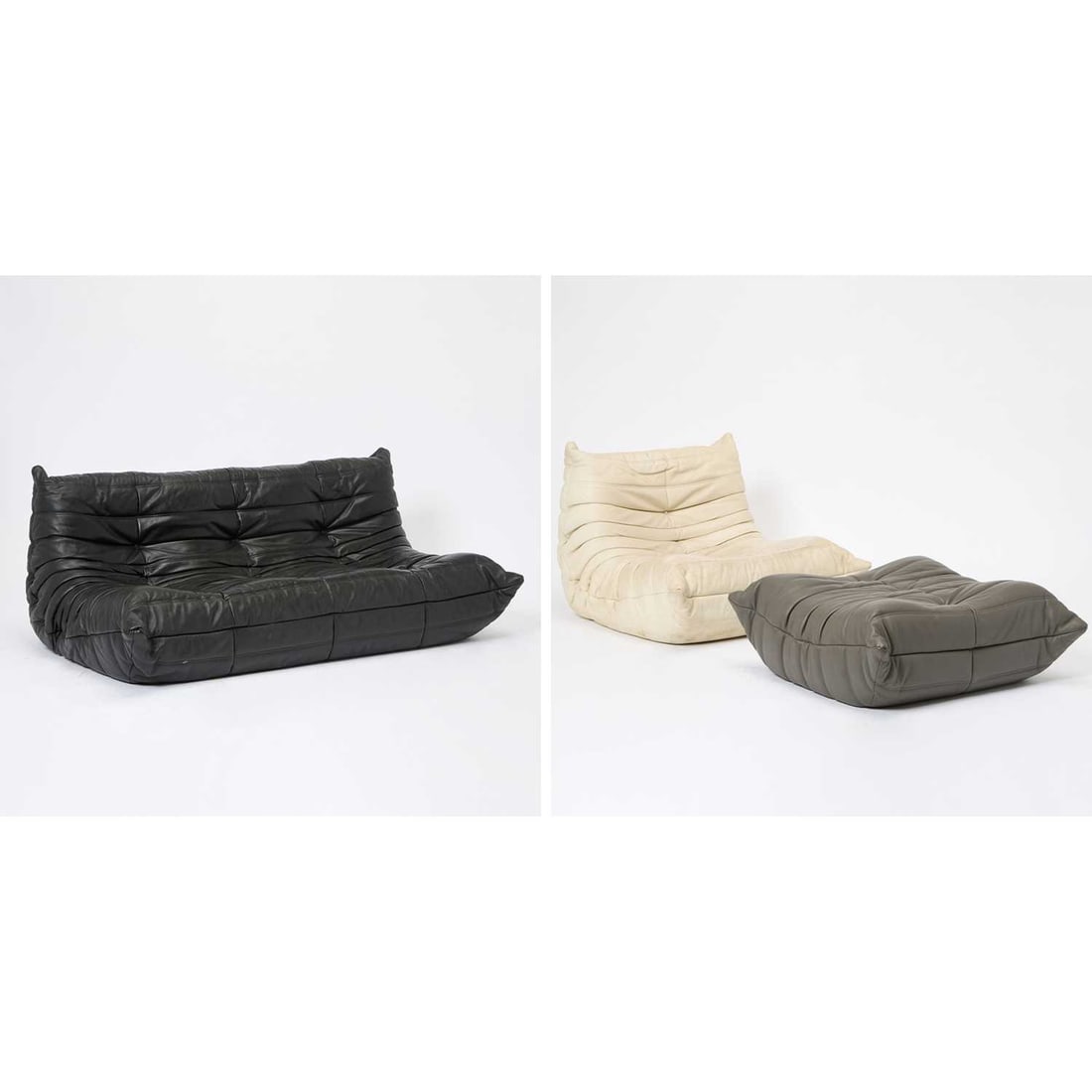 Suite of Michael Ducaroy for Ligne Roset Upholstered "Togo" Furniture: Designed 1973, recent manufacture Comprising a sofa, chair, and ottoman. Height of back 28 inches, height of seat 12 inches, length of sofa 67 inches, depth 42 inches.