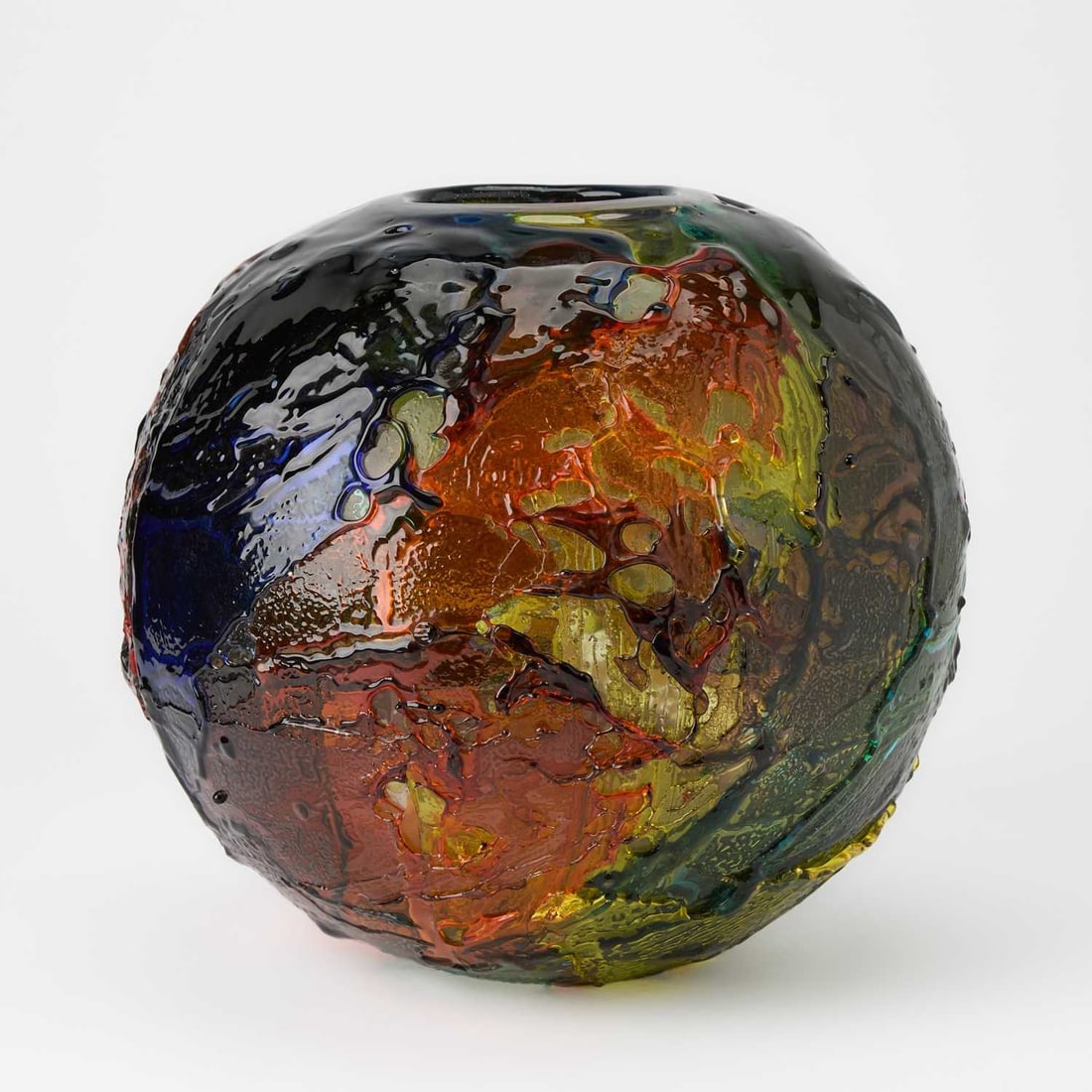 Gae Aulenti for Venini Hand-Blown Glass "Geacolor" Vase: 2003 Of spherical form, in various colors, with a textured surface, engraved Venini 2003 gaeaulenti. Height 11 inches, diameter 13 inches.