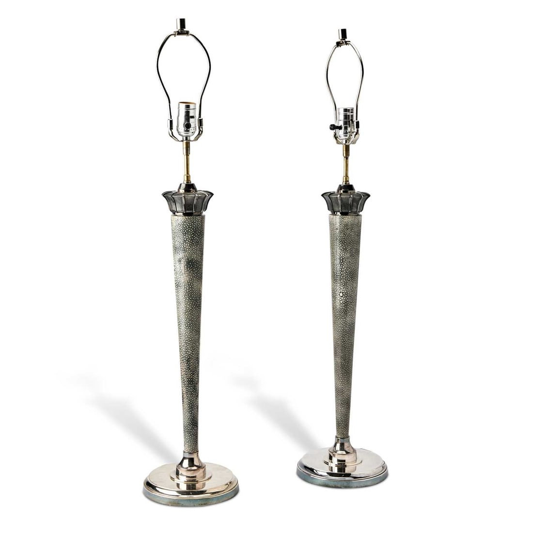Pair of Art Deco Style Shagreen and Chrome-Plated Metal Table Lamps: 21st Century Each of torch form, ending in a stepped circular foot, unsigned. Height 21 inches.