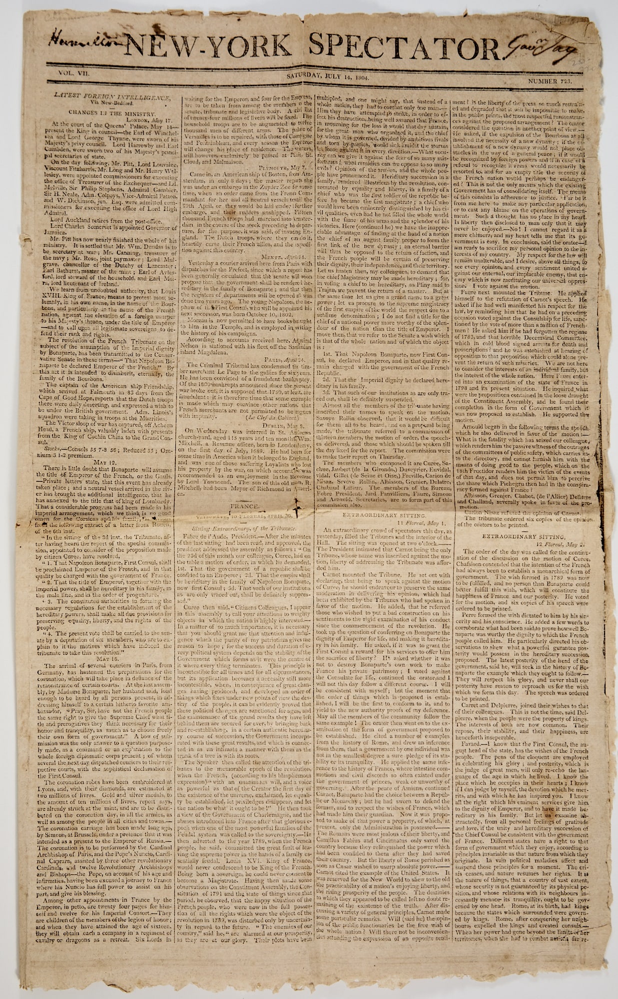 The New-York Spectator issue announcing Hamilton's death (1 of 3)