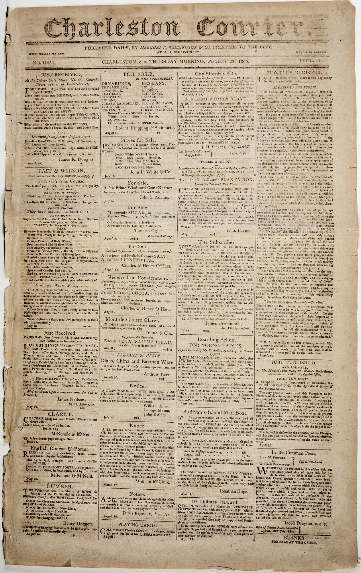 An early issue of the Charleston Courier from 1806 (1 of 3)