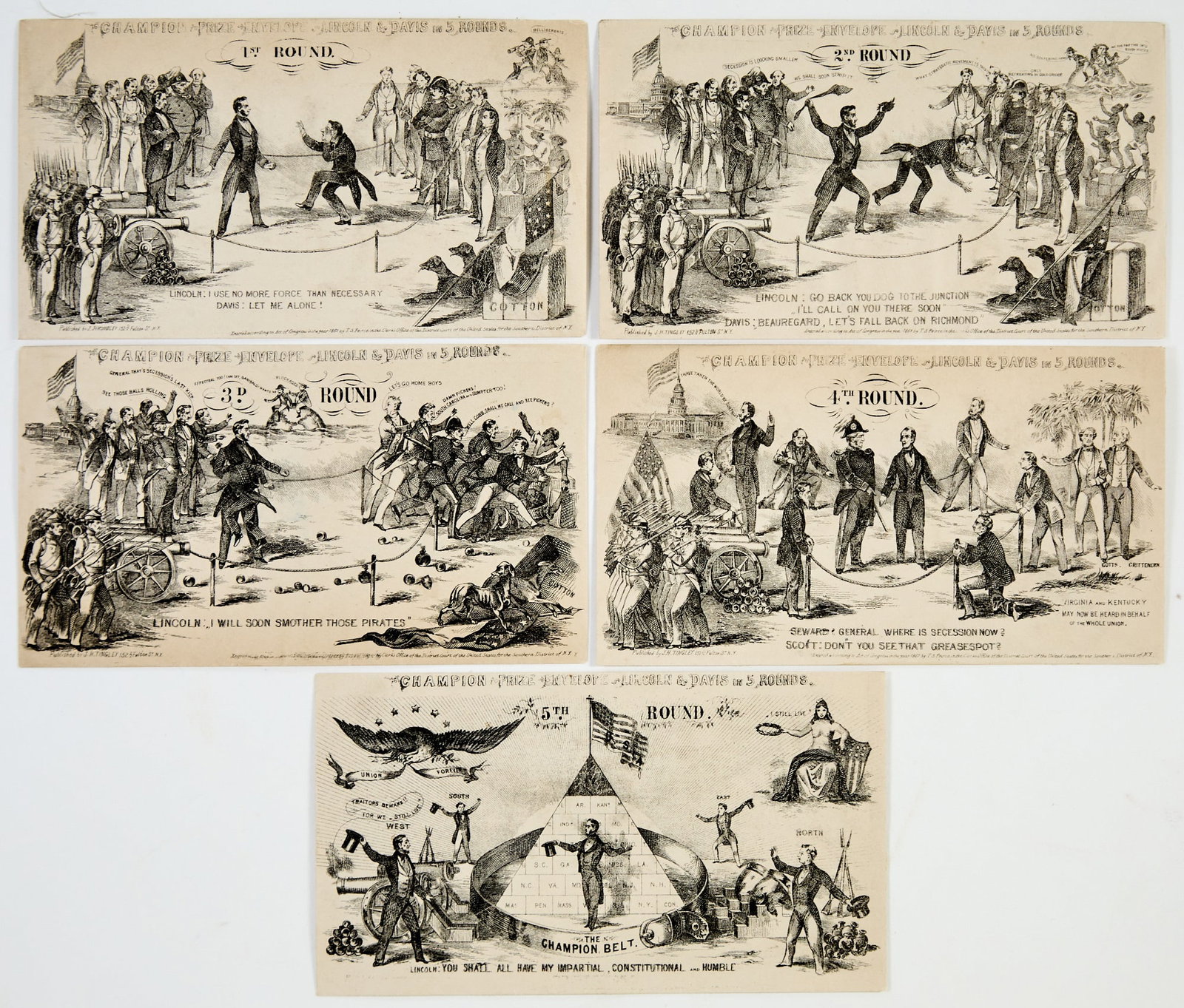 Patriotic covers of "Lincoln & Davis in 5 rounds": [CIVIL WAR - CARICATURE] "Champion Prize Envelope, Lincoln & Davis in 5 Rounds." New York: Published by J.H. Tingley, 1861. Five patriotic postal covers with wood-engraved vignettes. 3 1/4 x 6