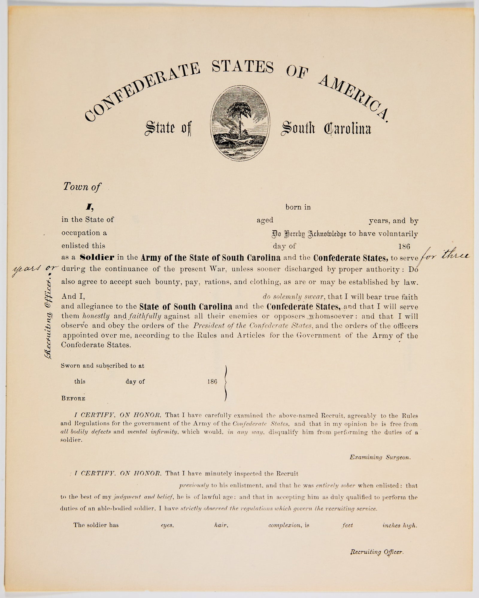 Confederate enlistment document for the South Carolina Army (1 of 1)