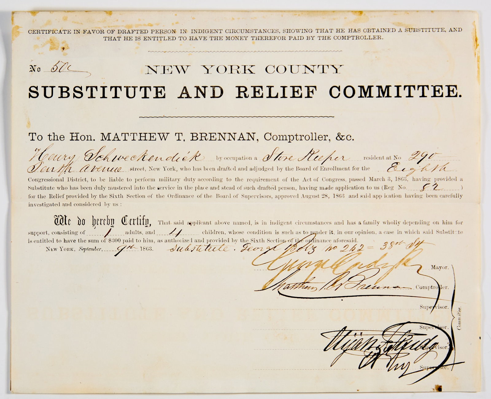 Civil War draft substitute document signed by William "Boss" Tweed (1 of 2)