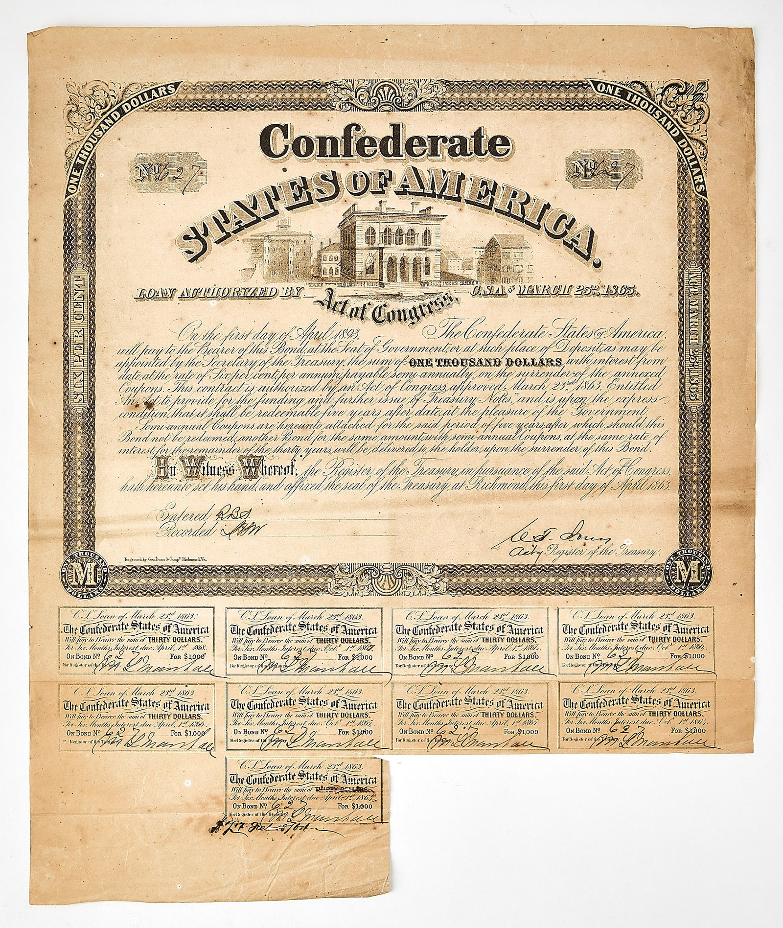 Confederate States $1000 loan bond sheet issued in 1863 (1 of 2)