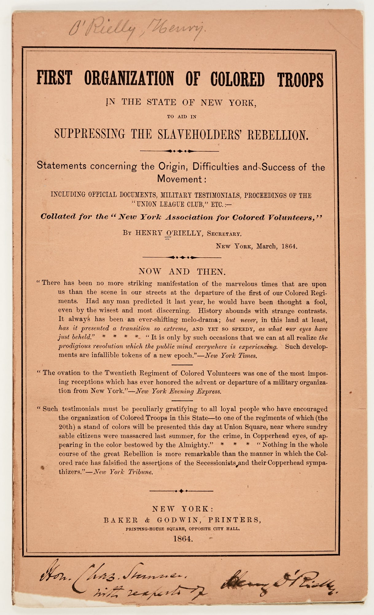 A pamphlet on the first regiments of colored troops from New York, inscribed to Charles Sumner (1 of 1)