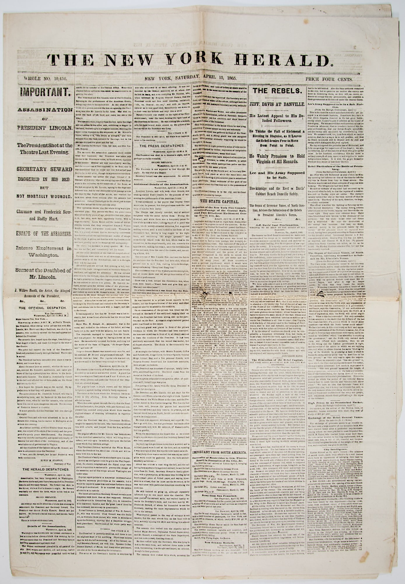 The New York Herald, April 15, 1865, announcing Lincoln's assassination (1 of 3)