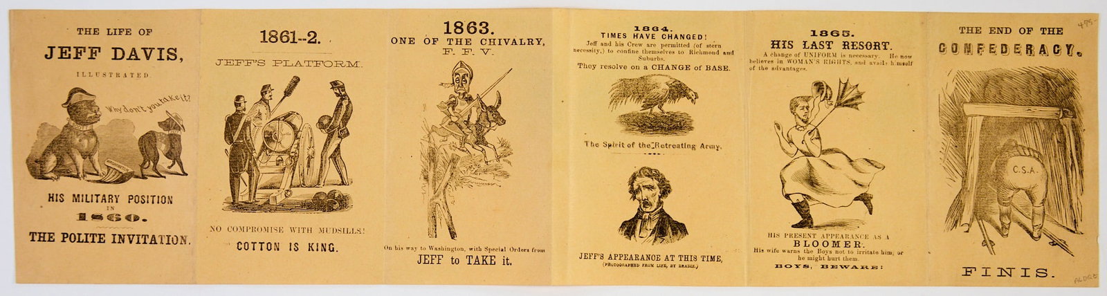 An amusing Jefferson Davis cartoon pamphlet: [CIVIL WAR - CARICATURE] Life of Jeff Davis, Illustrated. [Union state, circa 1865]. Folding sheet of six printed panels. 4 1/2 x 17 3/4 inches (11.5 x 45 cm). Usual folds, some light creasing on