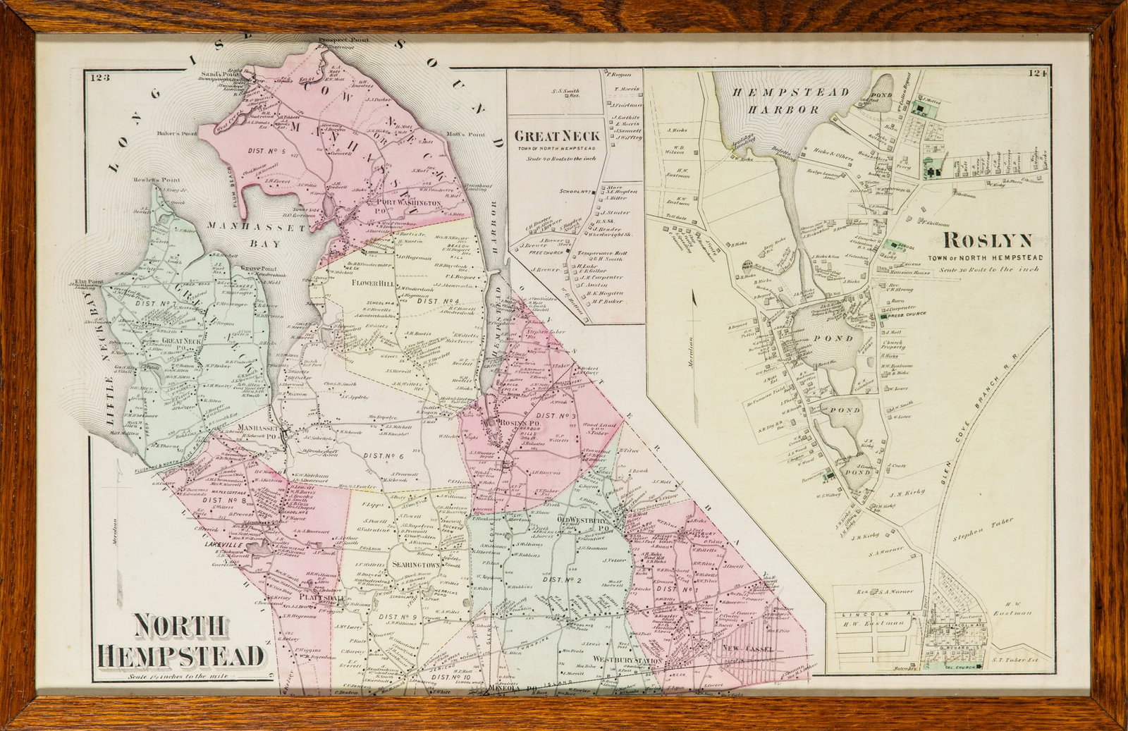 Beers' map of North Hempstead, Great Neck, and Roslyn, Long Island: [BEERS, FREDRICK WILLIAM] North Hempstead, Great Neck, and Roslyn, Long Island, New York. [New York City: Beers, Comstock & Cline, 1873]. Lithographed map with hand-coloring. Includes maps of Man