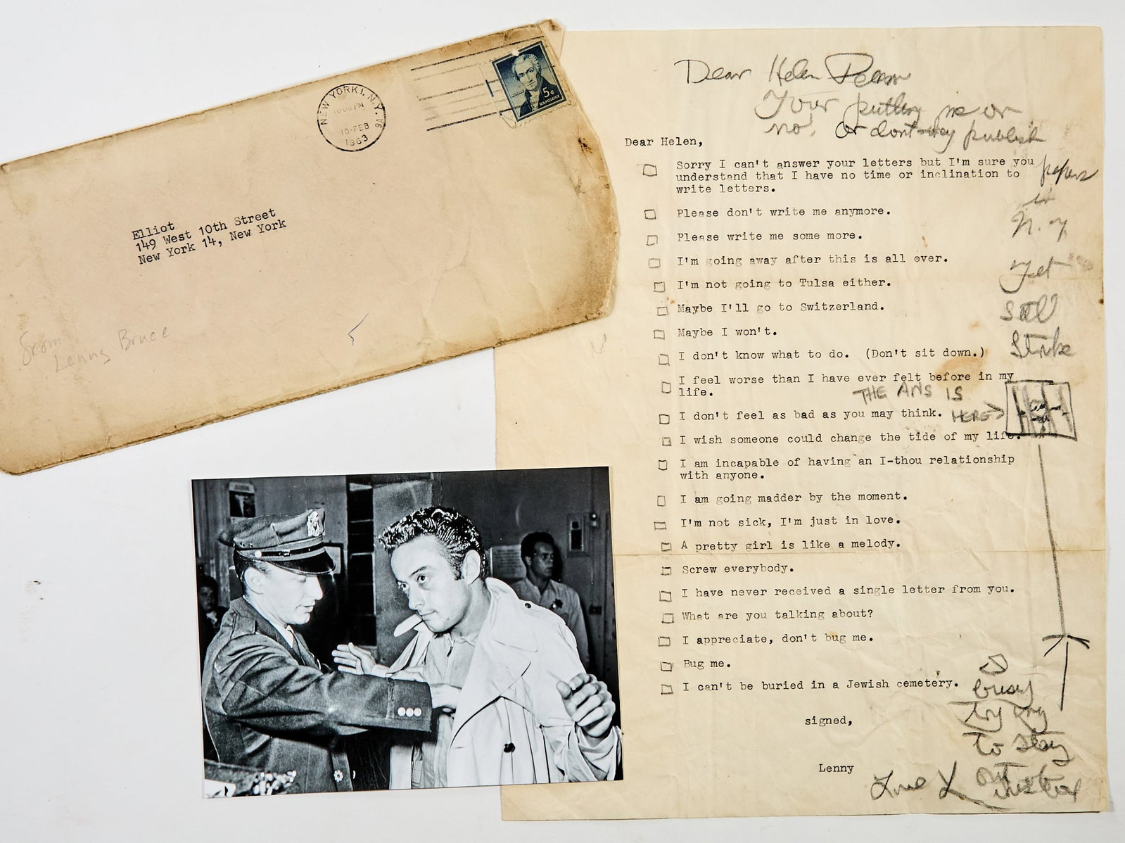 Lenny Bruce typed letter signed to a Village bohemian during his obscenity trials, with a manuscript: BRUCE, LENNY [New York: February 10, 1963]. One page typed letter signed "Lenny," with a manuscript note and drawing in pencil signed "Love L" to "Helen Pellen;" with typescript envel