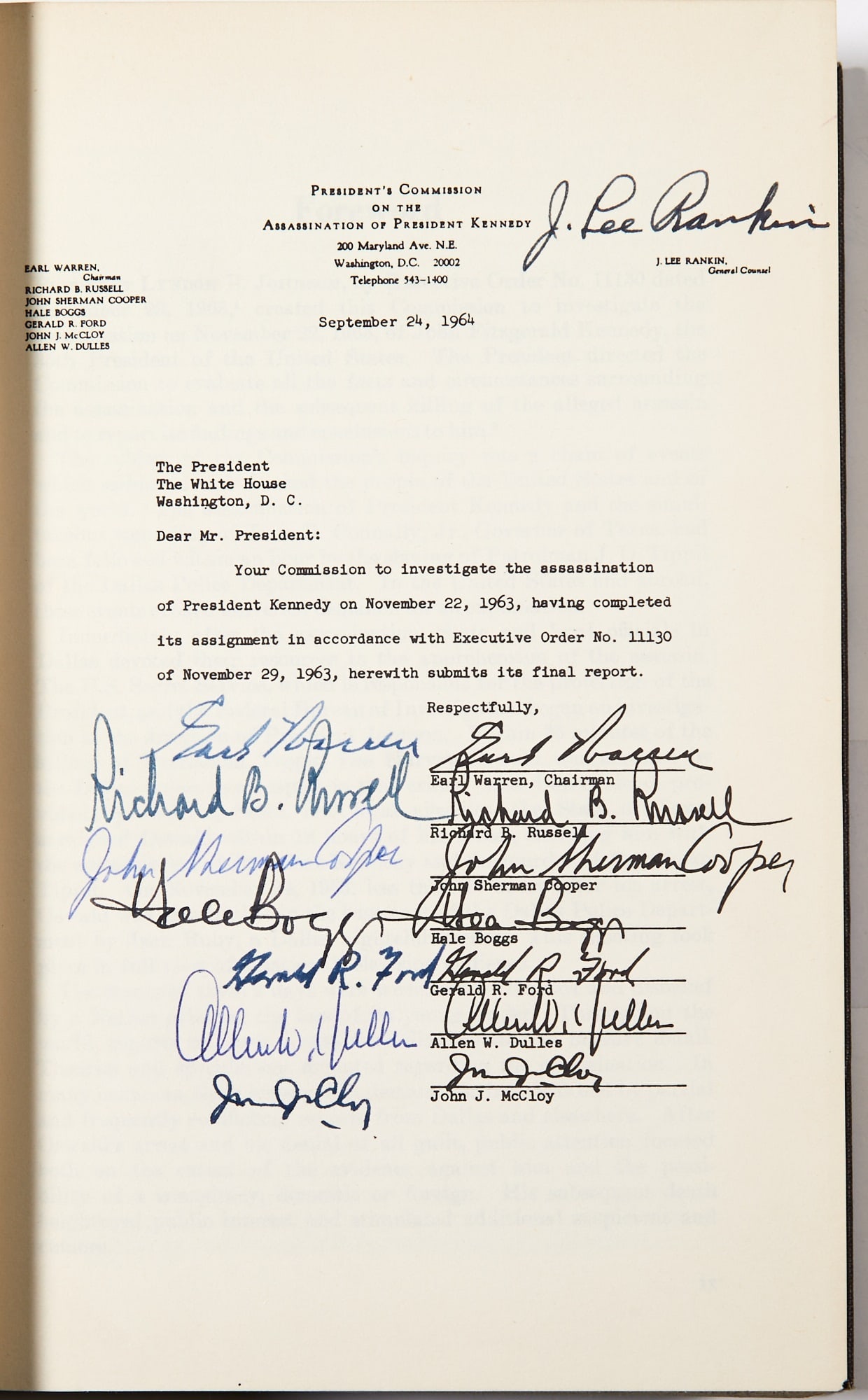 The Warren Committee report on the assassination of President Kennedy, signed by the full committee (1 of 3)
