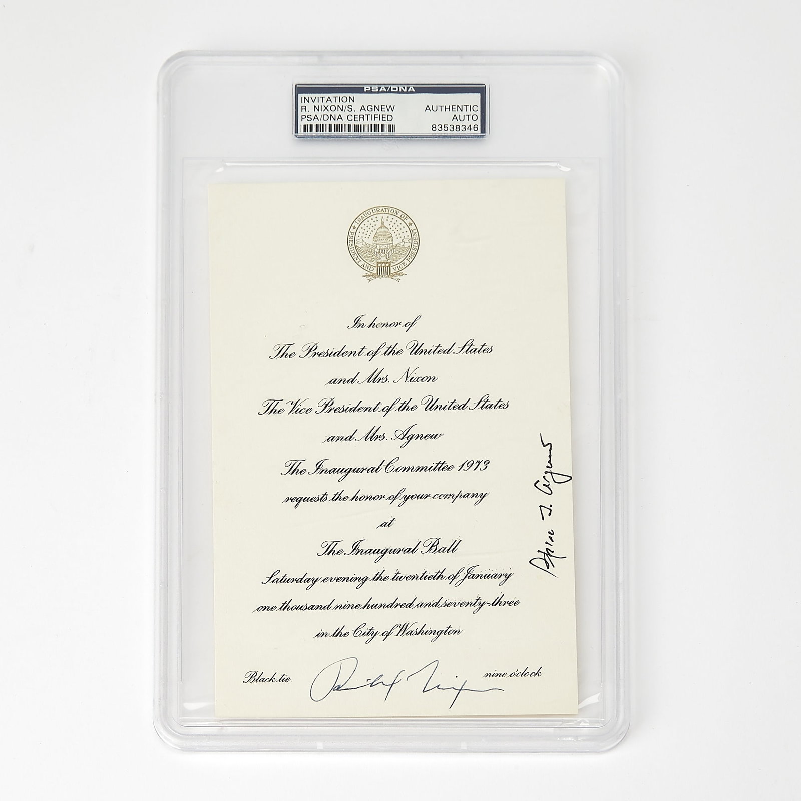 The official invitation to the 1973 inaugural ball, signed by Nixon and Agnew (1 of 1)