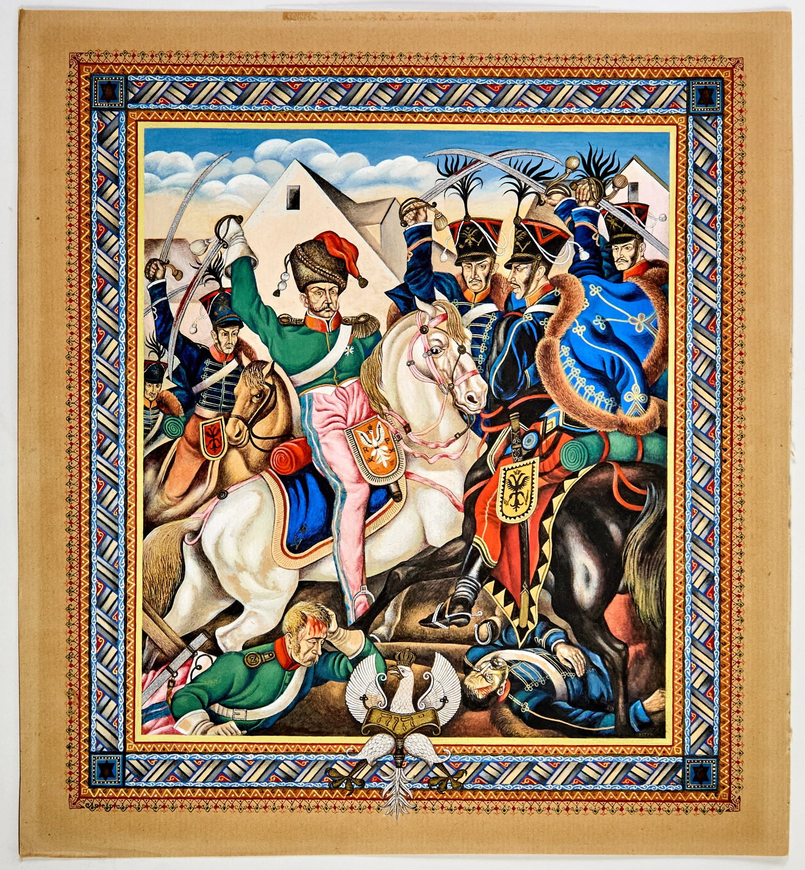 Two gouache copies of the designs by Szyk for The Statutes of Kalisz: [SZYK, ARTHUR] Two copies of designs from The Statutes of Kalisz. N.d.: n.p. (but ?Poland): ?1940s. 10 3/8 x 9 3/8 inches (26 x 24 cm); two sheets of thin tan paper, watercolor and gouache over grap