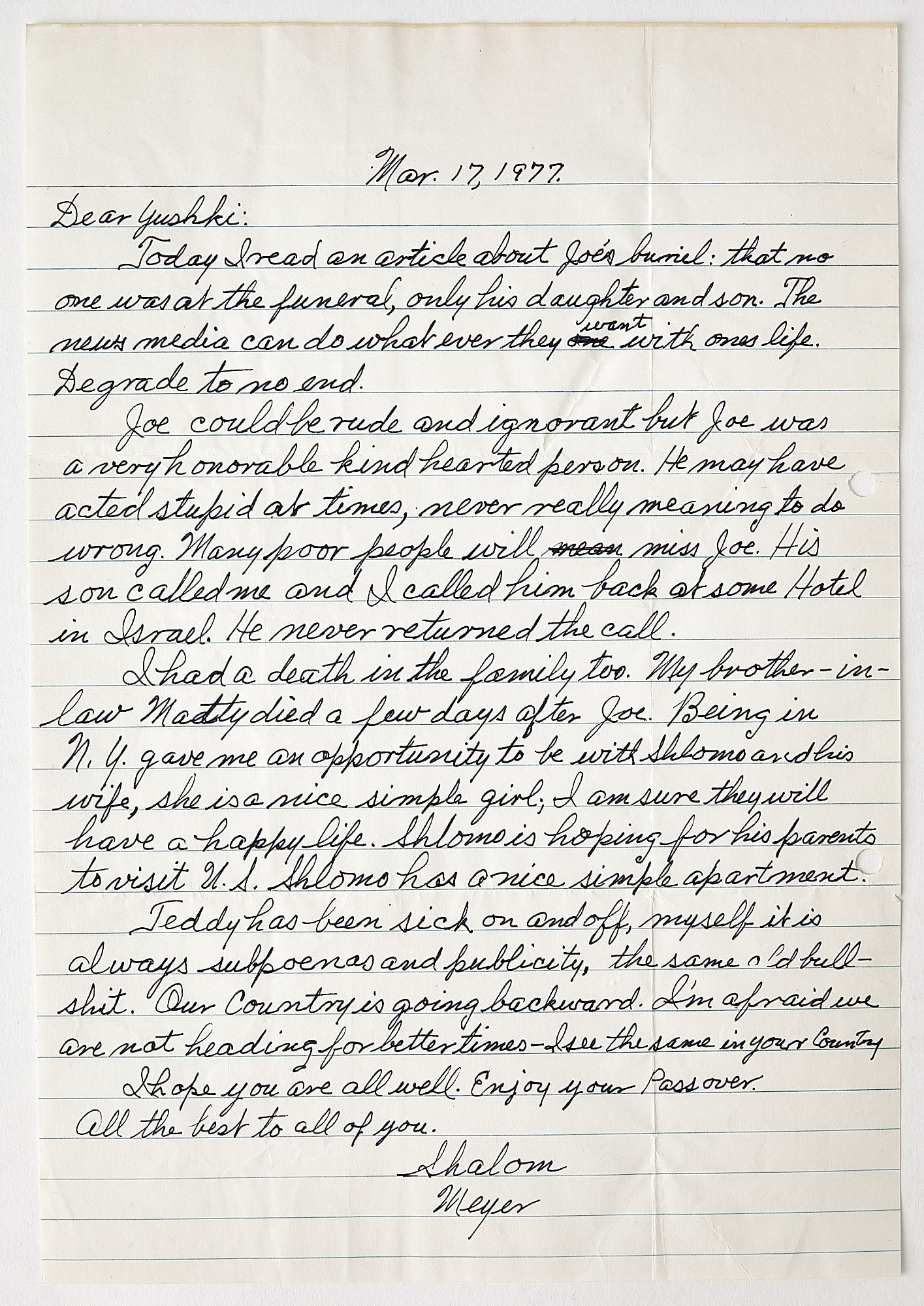An autograph letter signed from the "Mob's Accountant" Meyer Lansky (1 of 1)