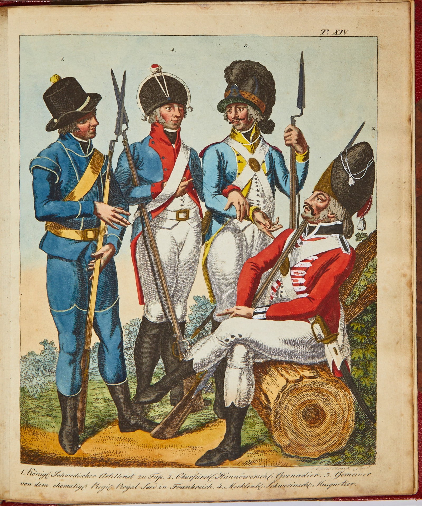Uniforms of European armies, printed in Kiel: KOLLER, FRIEDRICH LUDWIG VON Uniformzeichnung der vorzüglichsten Europäischen Truppen. Kiel: C.F. Mohr, 1802. Half red morocco over brown marbled boards, 8 7/8 x 7 3/4 inches (22.5 x 18.75 c