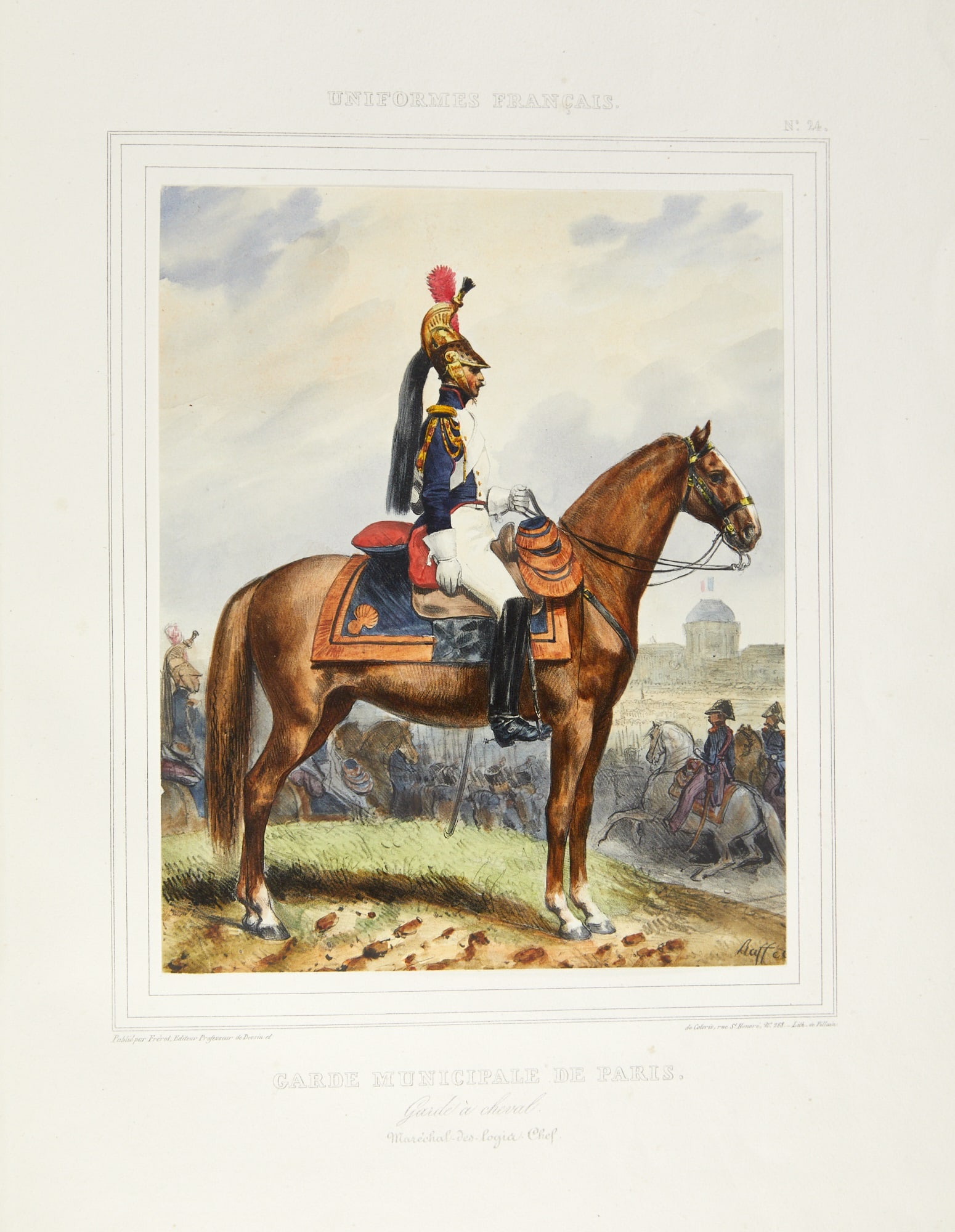 Military costume color plates of the French Army, Navy, and National Guard by Raffet: [RAFFET, AUGUSTE] Collection des Costumes Militaries De L'Armée et la Marine Françaises. Paris: Frérot, 1833-1834. Late 19th-century three-quarteres blue morocco over marbled sides, spi