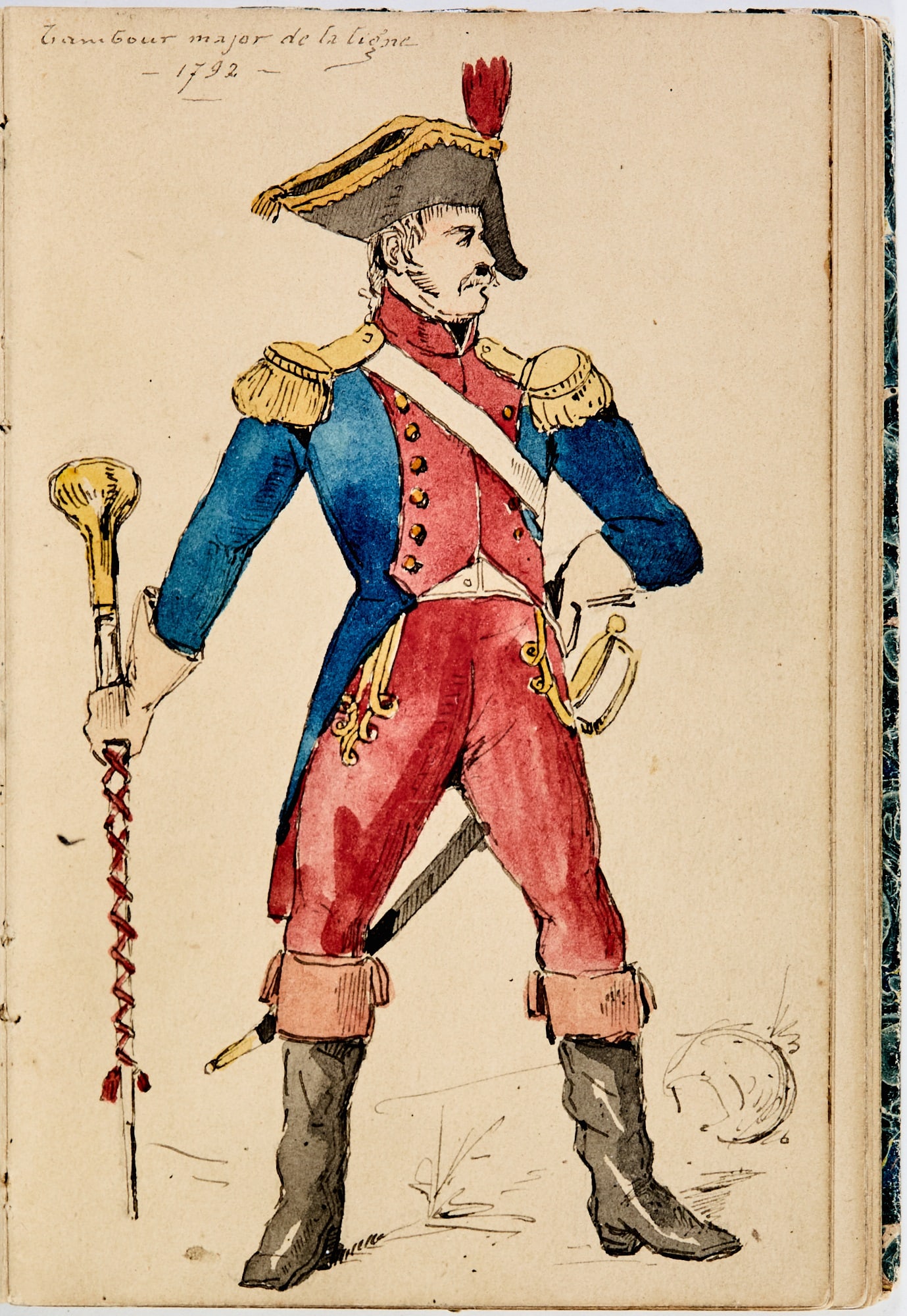Original drawings of the French Revolutionary Army: HANNOTIAU, ALEXANDRE-AUGUSTE [Likely Belgium: late 19th century]. Contemporary marbled paper boards, manuscript title pasted to spine. 5 x 3 1/4 inches (13 x 8.25 cm); 32 original pen and watercolor d
