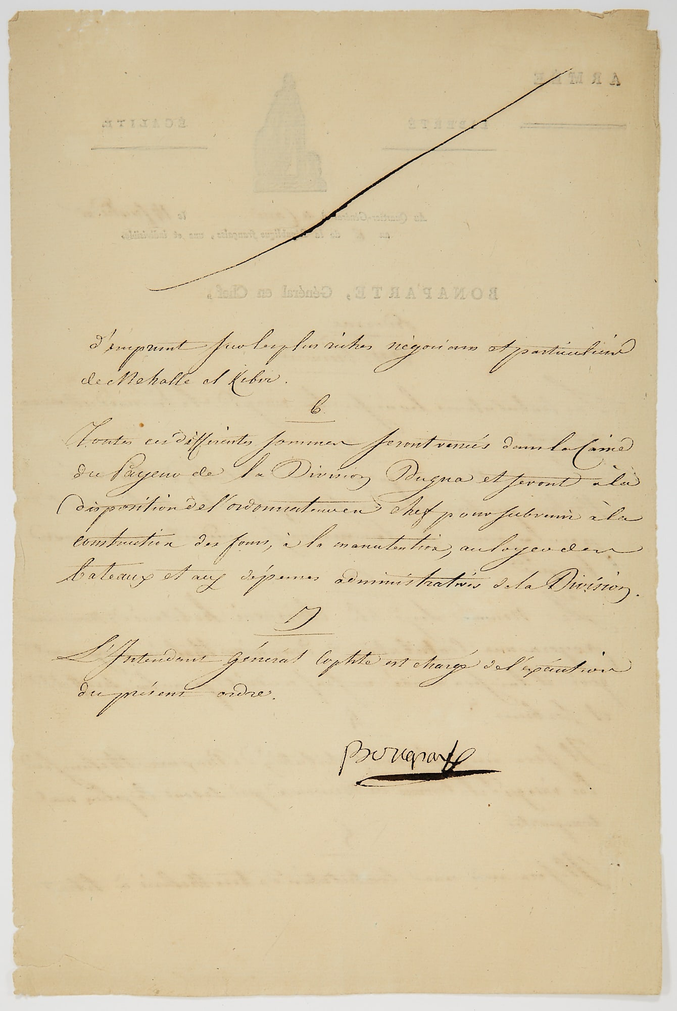A document signed by Napoleon as commander of the Army in Egypt (1 of 2)