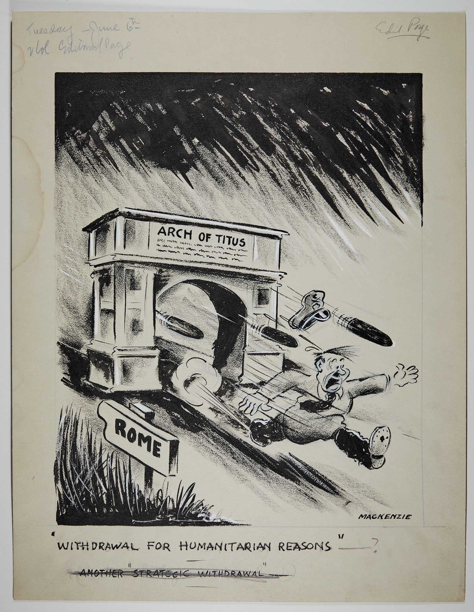 World War II era political cartoons by A.W. Mackenzie: [POLITICAL CARTOONS] [MACKENZIE, A.W.] Circa 1940s. Nine original works in pen, ink and grease pencil on illustration board, captioned in the margins. Largest 22 1/2 x 15 1/2 inches (57 x 40 cm). Cond