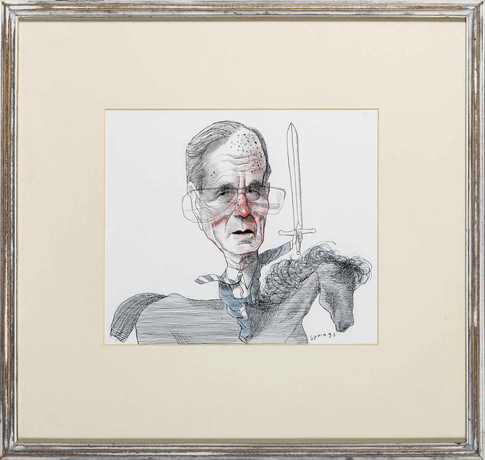 A caricature of George H.W. Bush armed and on horseback by John Springs: SPRINGS, JOHN George Bush. 1991. Pen and ink on paper, signed at lower right. 10 x 12 inches. 26 x 31 cm. Published in The American Spectator. No visible flaws. Not examined out of frame.</