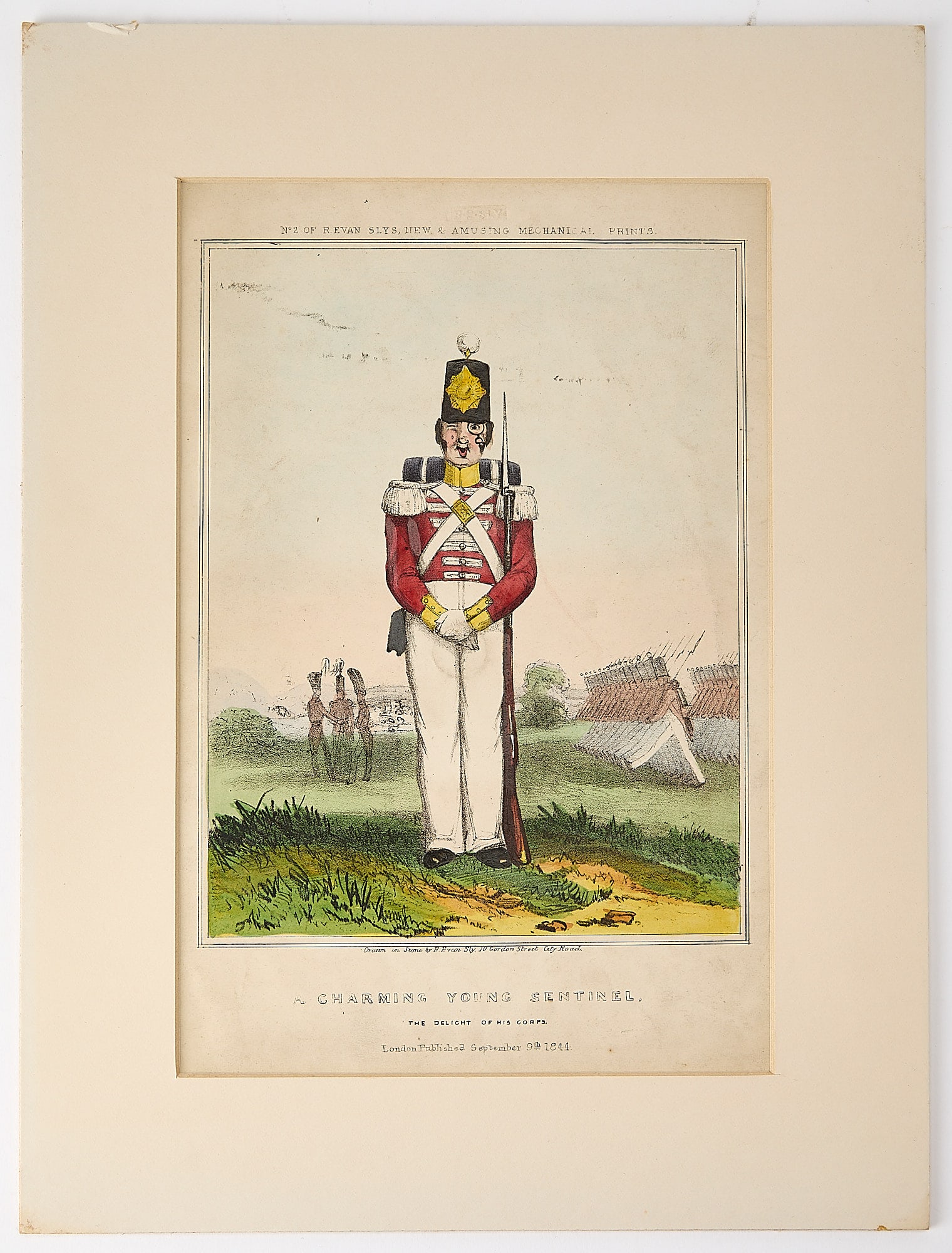 A movable caricature of a young soldier: [MECHANICAL PRINT] SLY, RICHARD EVAN. A Charming Young Sentinel. The Delight of his Corps. London: 1844. Lithograph print with rotating faces, 14 3/4 x 10 3/4 inches. Just soiled and lightly wrinkled;