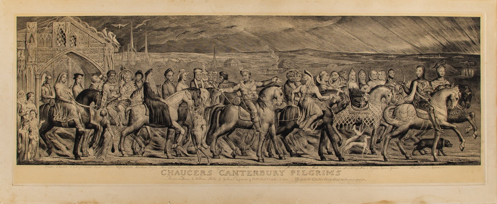 William Blake (1757-1827): CHAUCER'S CANTERBURY PILGRIMS (ESSICK 16; BINDMAN 477) Etching, engraving and drypoint, 1810, on Chine collé on heavy cream wove paper, the fourth state of five, unframed. Plate 14 x 37 3/4