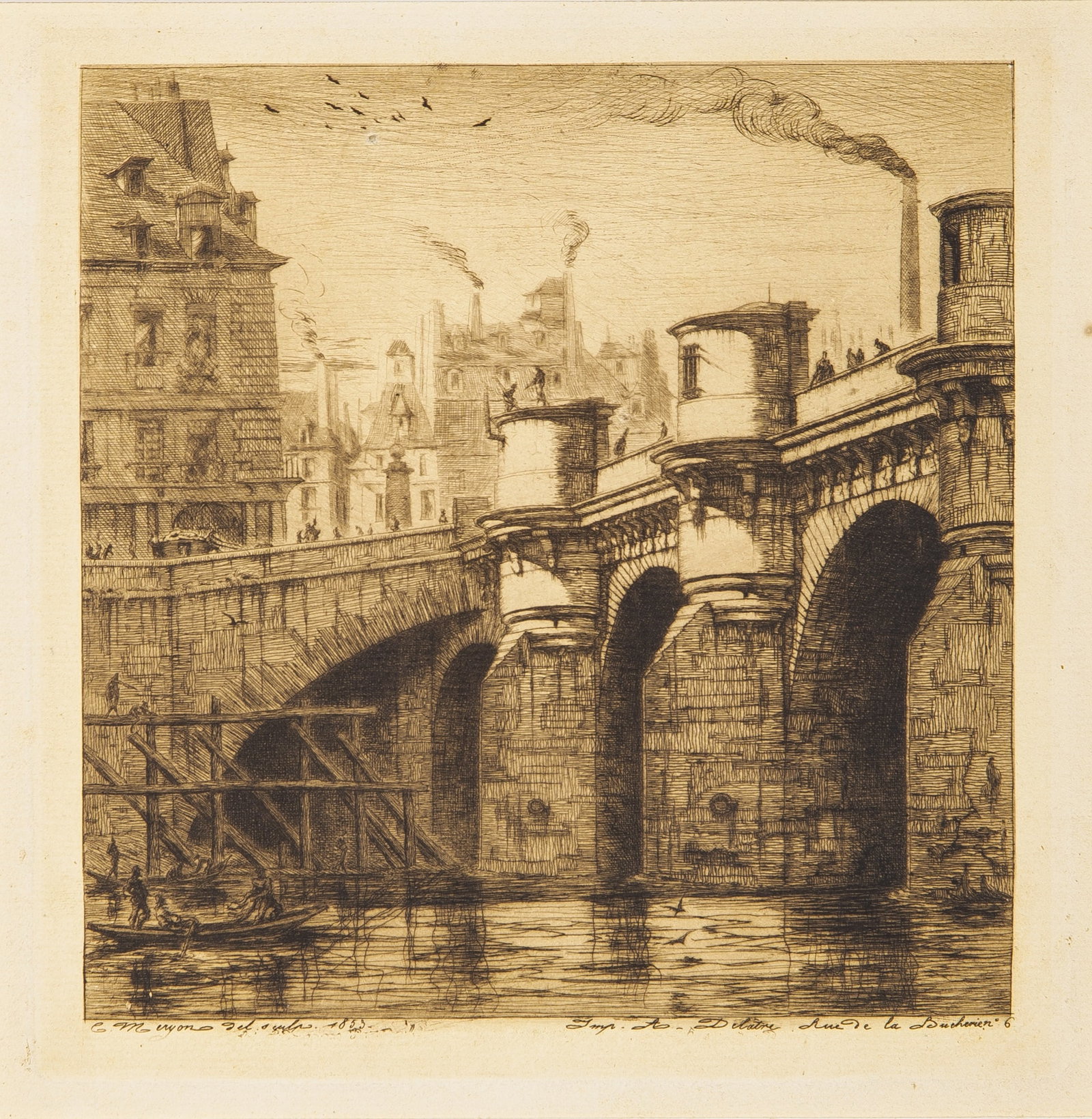 Charles Meryon (1821-1868): PONT-NEUF, PARIS (DELTEIL 33; SCHNEIDERMAN 30) Etching and drypoint, 1853, on chine collé on cream laid paper, the seventh state of eleven, with full(?) margins, framed. Plate 7 3/16 x 7 3/16