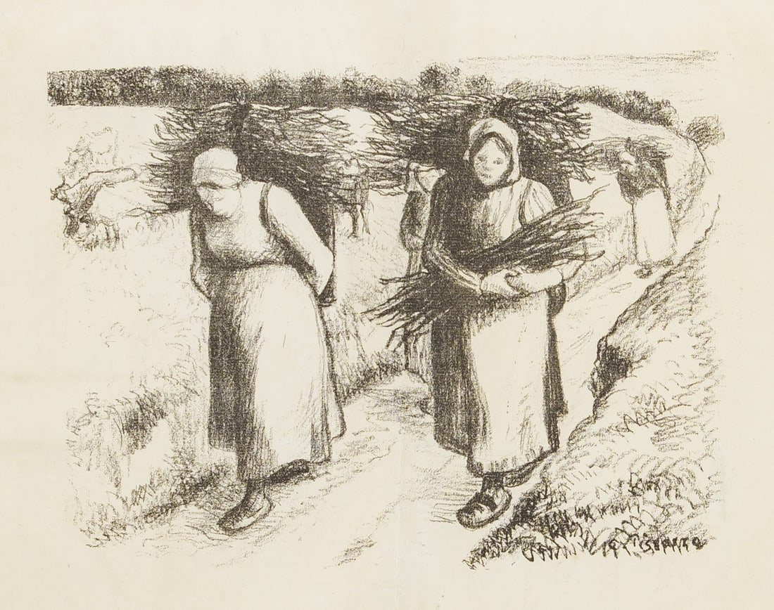 Camille Pissarro (1830-1903): PAYSANNES PORTANT DES FAGOTS (DELTEIL 153) Lithograph, circa 1896, on cream laid Van Gelder Zonen paper with the figure of fortune watermark, with full margins, framed. Image 8 7/8 x 11 3/4 inches;