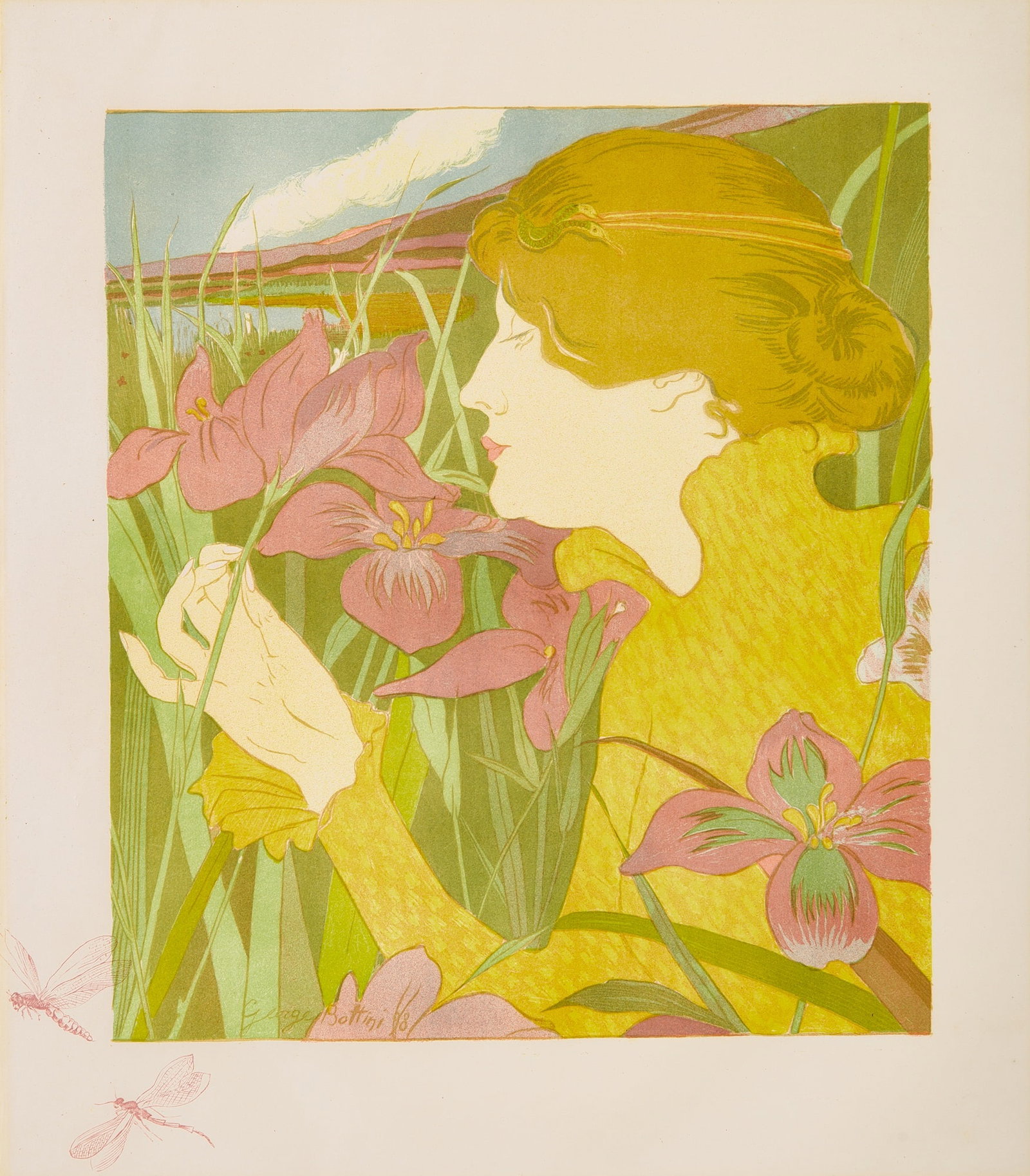 Georges Bottini (1874-1907): LA FEMME AUX IRIS (SOUTHARD 28) Color lithograph, 1898, on wove paper, with the dragonflies remarqué, from the edition of 50, printed by Sagot, Paris, with full margins, framed. Image 13 1/8 x