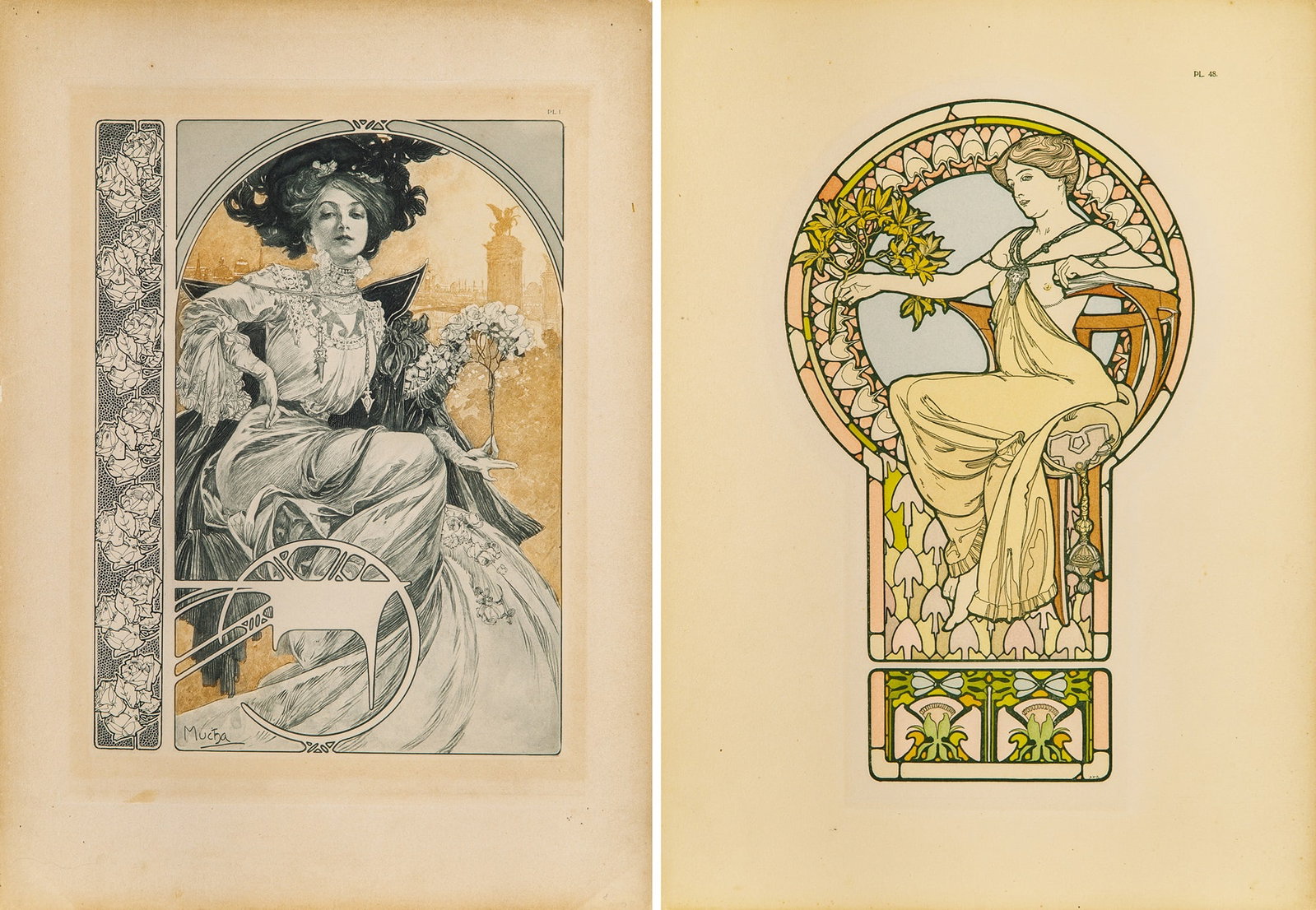Alphonse Mucha (1860-1939): DOCUMENTS DECORATIFS Two color lithographs, 1902, on wove paper, plates 1 and 48, published by the Librairie Centrale des Beaux-Arts, Paris, with full margins, framed. Sheets 18 1/8 x 13 1/8 inches;