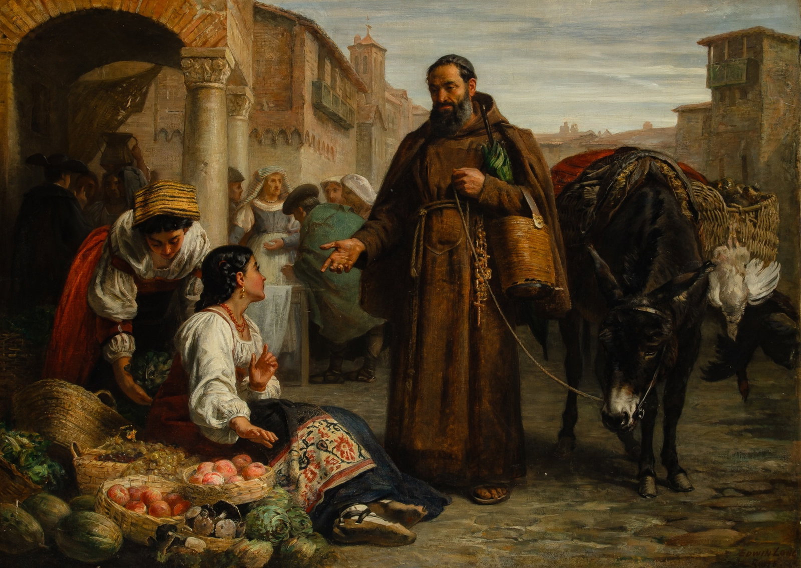 Edwin Longsden Long: English 1829-1891 Charity Signed Edwin Long/ Rome (lr) Oil on canvas 32 3/8 x 44 5/8 inches (82.2 x 113.3 cm) Porovenance: N. Mitchell Fine Art Gallery, London Roy Miles, London Private collection,