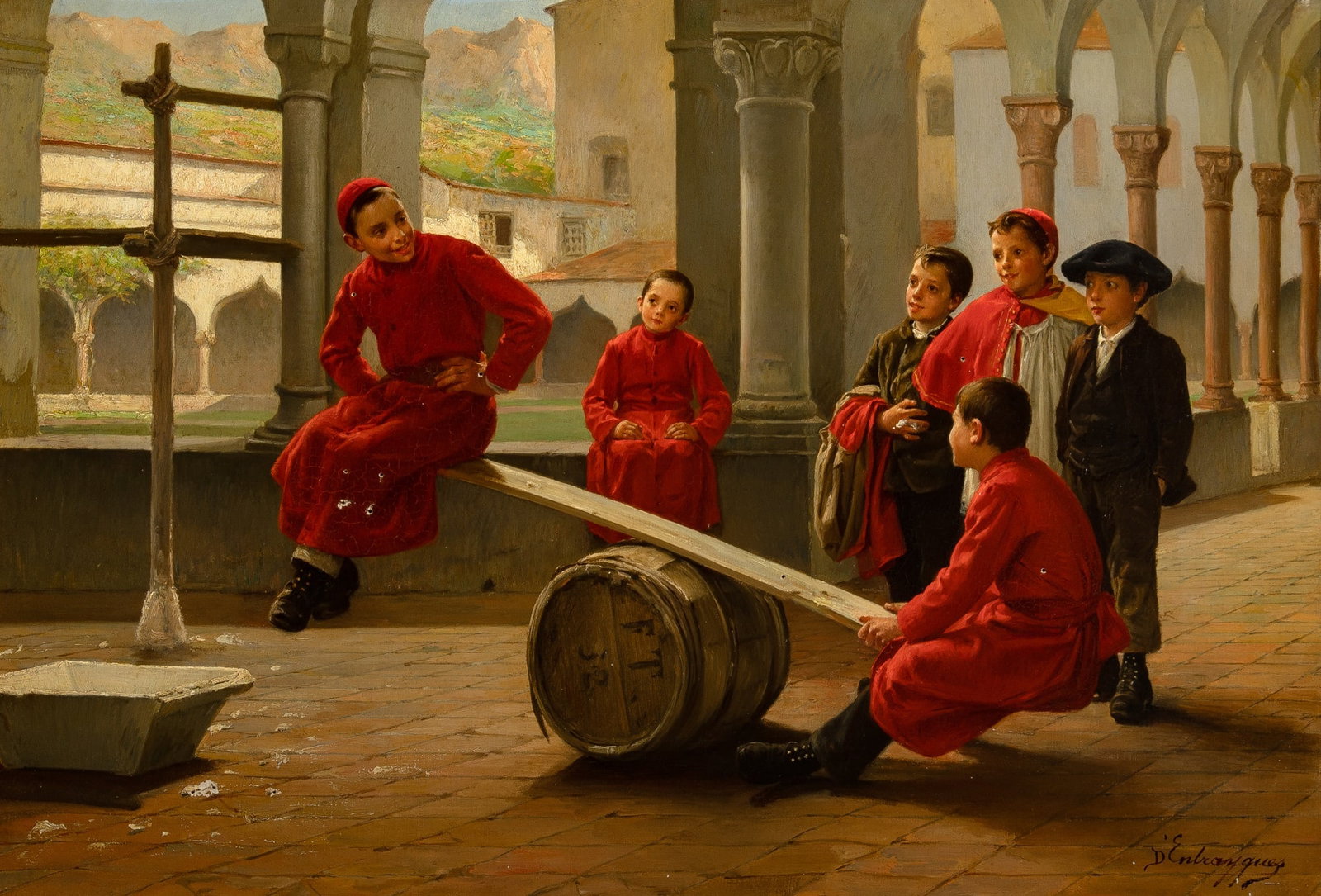 Charles Bertrand d' Entraygues: French, 1850-1929 The Seesaw Signed D'Entraygues (lr) Oil on canvas 16 3/4 x 25 inches (42.5 x 63.5 cm) (Frame 25 x 31 inches)