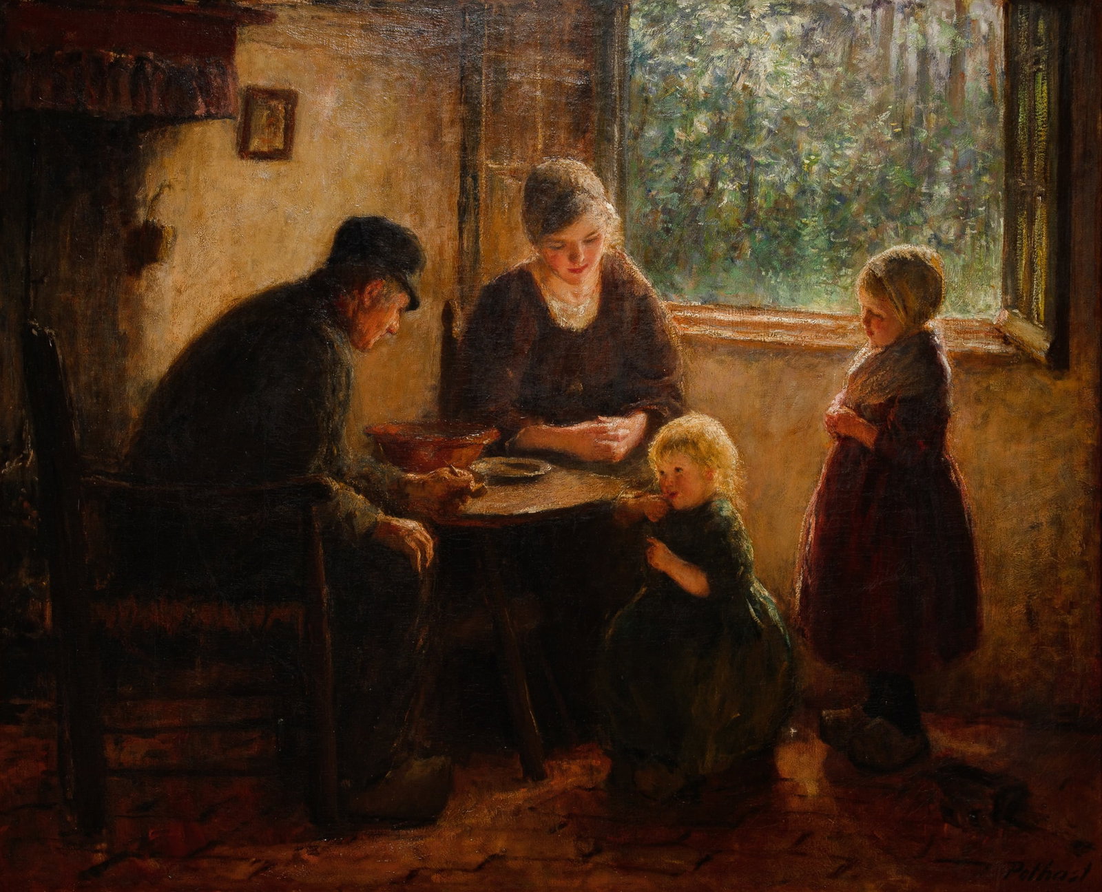 Bernard Pothast: Dutch 1882-1966 The Family Meal Signed Potthast (lr) Oil on canvas 38 7/8 x 47 1/2 inches (98.7 x 120.7 cm) (Framed 44 3/4 x 53 1/2 inches)