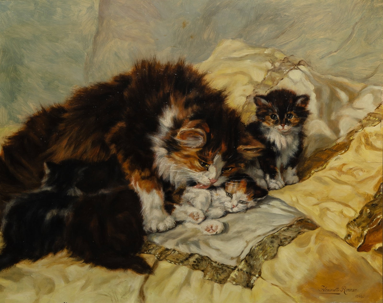 Henriette Ronner-Knip: Dutch-Belgian, 1821-1909 Cat Family Signed Henriette Ronner and dated 1896 (lr) Oil on panel 16 3/4 x 21 3/4 inches (42.5 x 55.3 cm) (Frame 25 x 28 7/8 inches)