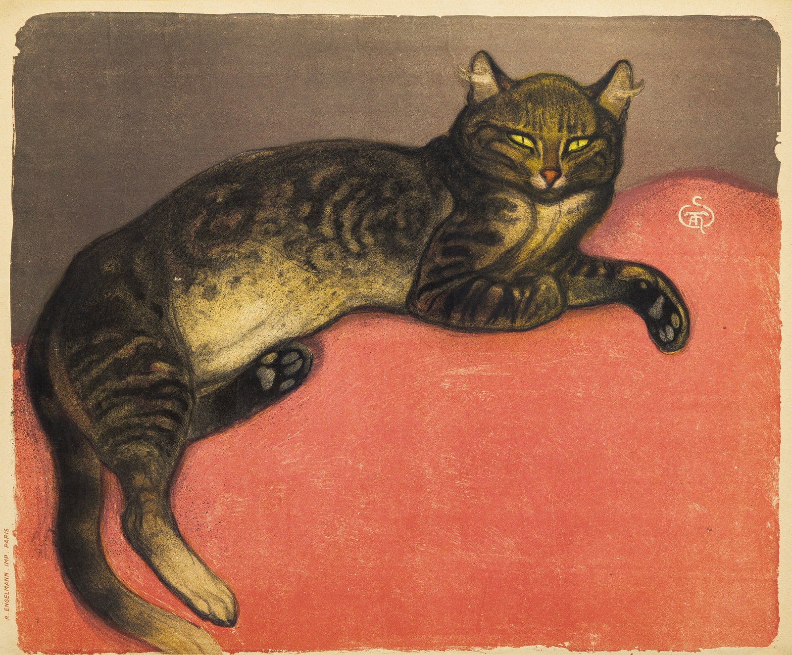 Théophile Alexandre Steinlen (1859-1923): L'HIVER, CHAT SUR UN COUSSIN (CRAUZAT 293) Color lithograph, 1909, laid on linen, from the edition of 250, published by E. Sagot, Paris, framed. Image 19 1/4 x 23 inches; 48.8 x 58.4 cm Sheet 19 5/8