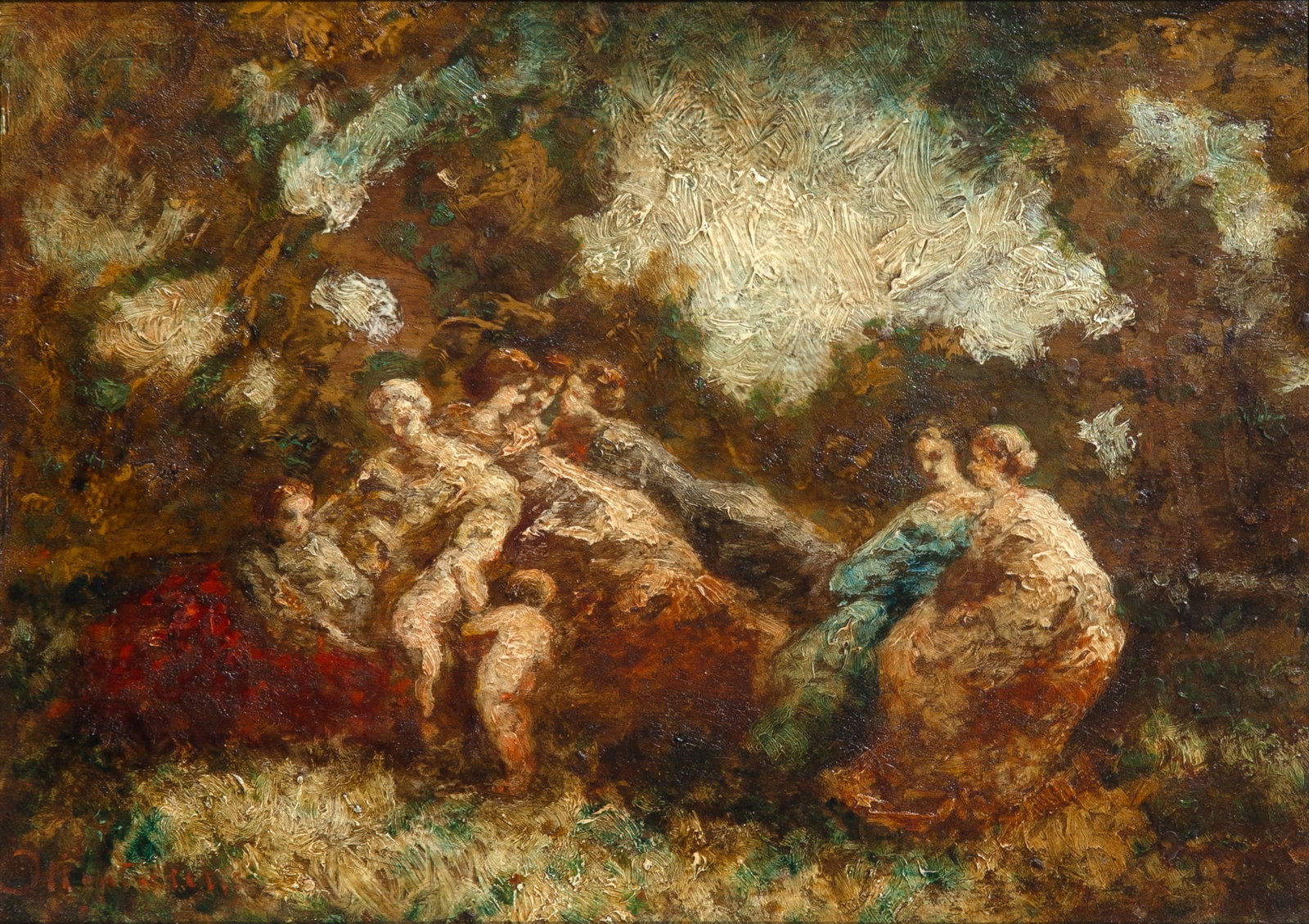 Adolphe Joseph Thomas Monticelli: French, 1824-1886 Ladies and Children in a Wood Signed Monticelli (ll) Oil on panel 9 1/4 x 13 1/8 inches (23.5 x 33.3 cm) Frame 14 1/2 x 18 inches (36.8 45.8 cm)
