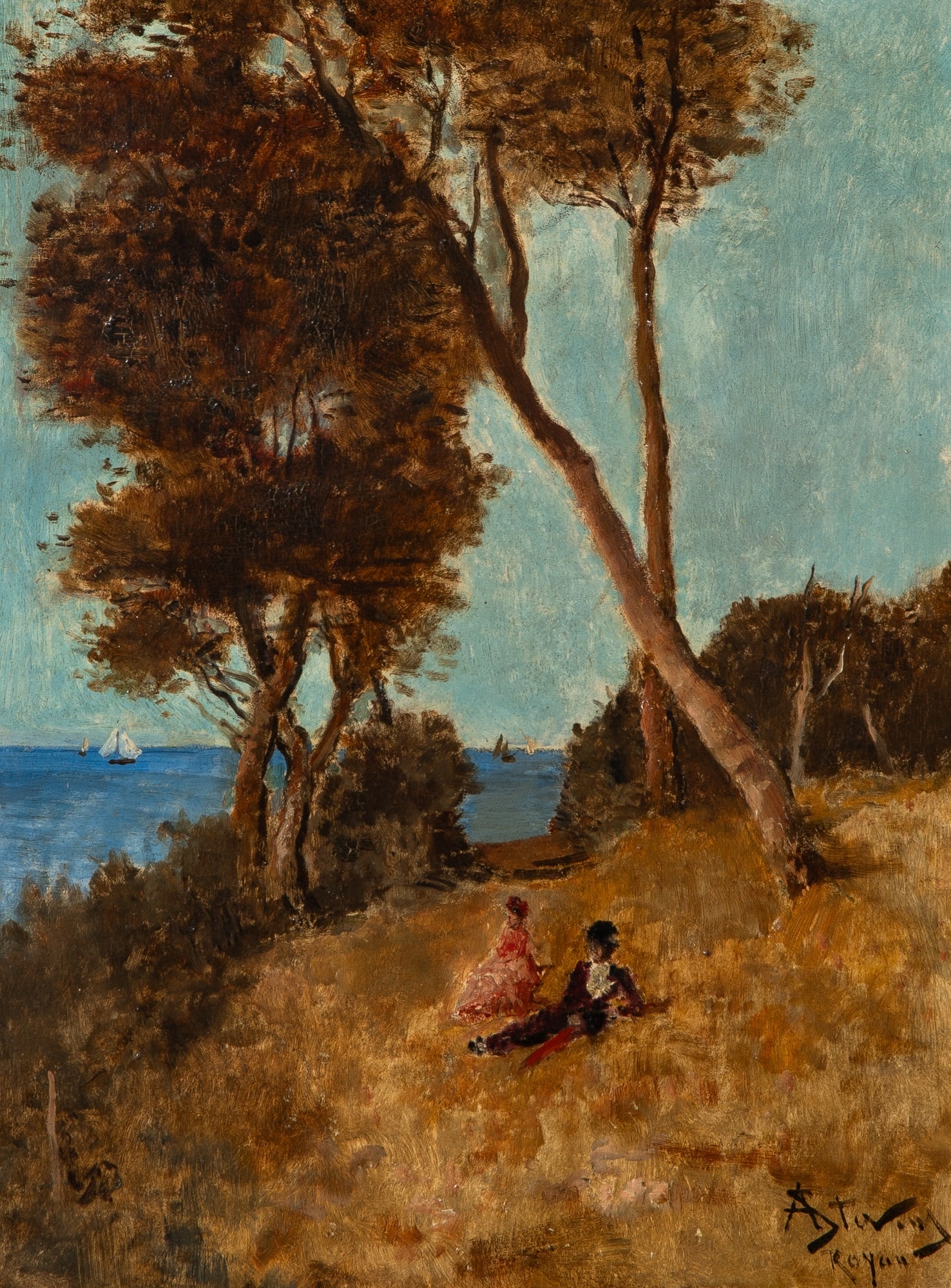 Alfred Emile Leopold Stevens: Belgian, 1823-1906 Royan, 1897 Signed AStevens and inscribed as titled (lr), signed and dated Alfred Stevens 1897 and further inscribed indistinctly on the reverse Oil on board 13 x 9 3/4 inches (33