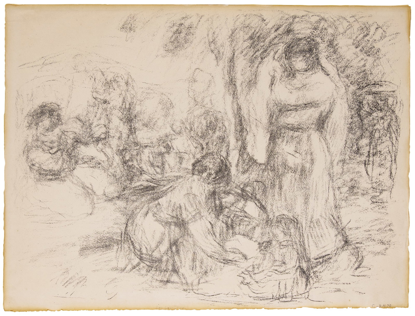 Pierre-Auguste Renoir (1841-1919): LES LAVEUSES (2E PENSEE) (DELTEIL, STELLA 53) Lithograph, circa 1912, on laid paper, from the edition of approximately 50, with full margins, framed. Sheet 18 5/8 x 25 inches; 47.3 x 63.5 cm Frame 30