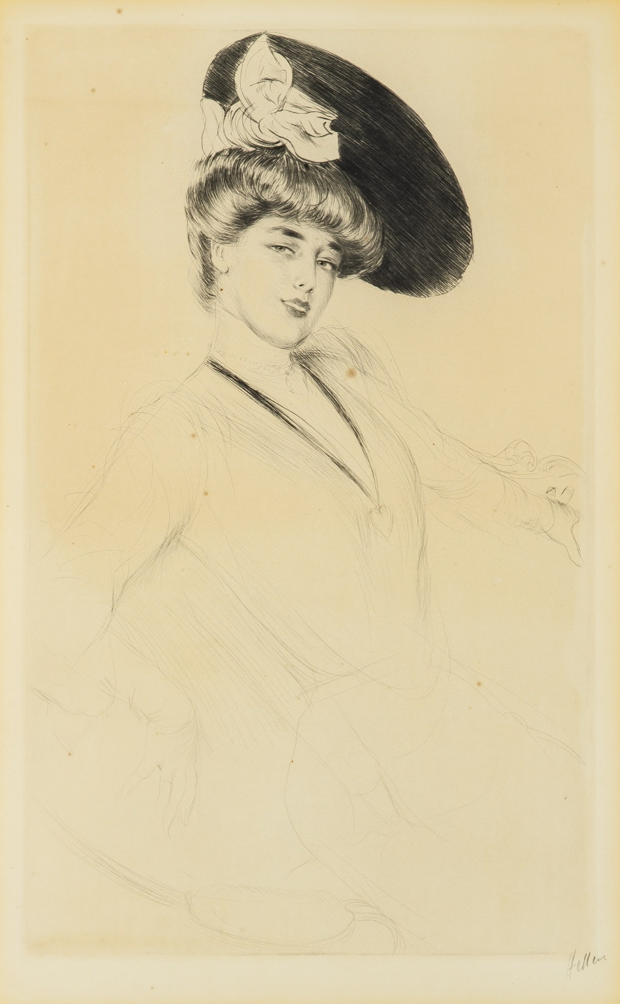 Paul César Helleu (1859-1927): MISS TAYLOR (MONTESQUIOU XII) Drypoint, circa 1905, on wove paper, signed in pencil, with good margins, framed. Plate 23 3/8 x 13 3/8 inches; 59.3 x 33.9 cm Sheet 24 7/8 x 16 7/8 inches; 63.1 x 42.8