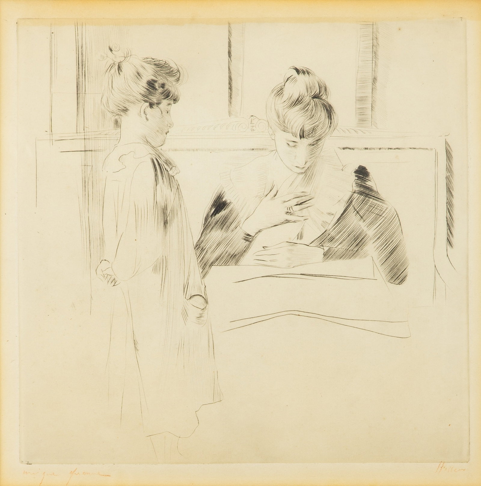 Paul César Helleu 1859-1927: LE LECON Drypoint, circa 1900, on laid Arches paper, signed and inscribed unique épreuve in brown pencil, with good margins, framed. Plate 11 5/8 x 11 3/4 inches; 29.5 x 29.8 cm Sheet 13 1/2 x