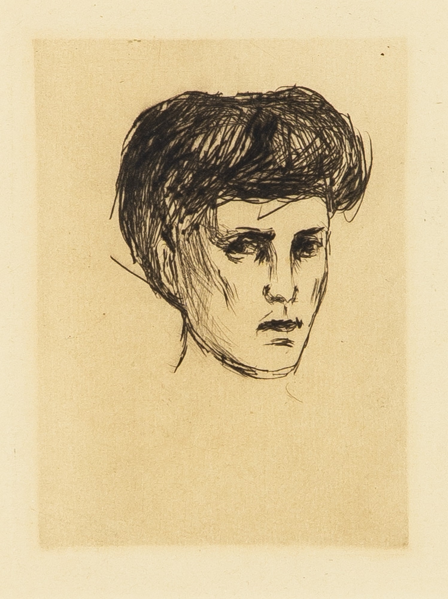 Edvard Munch (1863–1944): HEAD OF A WOMAN (KVINNEHODE) (MÄDCHENKOPF) (SCHIEFLER 259; WOLL 288b) Drypoint, 1907, on cream wove paper, from the edition of 400, from Gustav Schiefler’s Verzeichnis des Graphischen