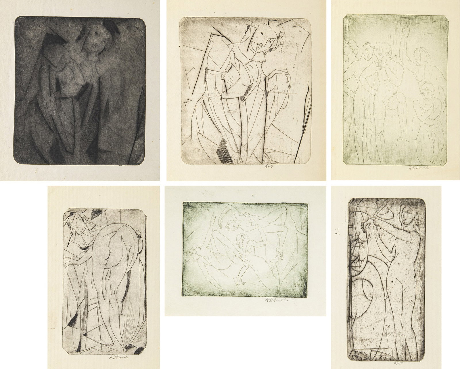 Arthur B. Davies (1862-1928): FIGURE IN GLASS(2); TRIAD; BATHING WOMAN AND SERVANT; BAPTISM (GROUP OF TEN MEN...); DIANE (CZESTOCHOWSKI 38, 46, 50, 52, 54) Six drypoints (two printed in olive-green), 1917, five estate signed in