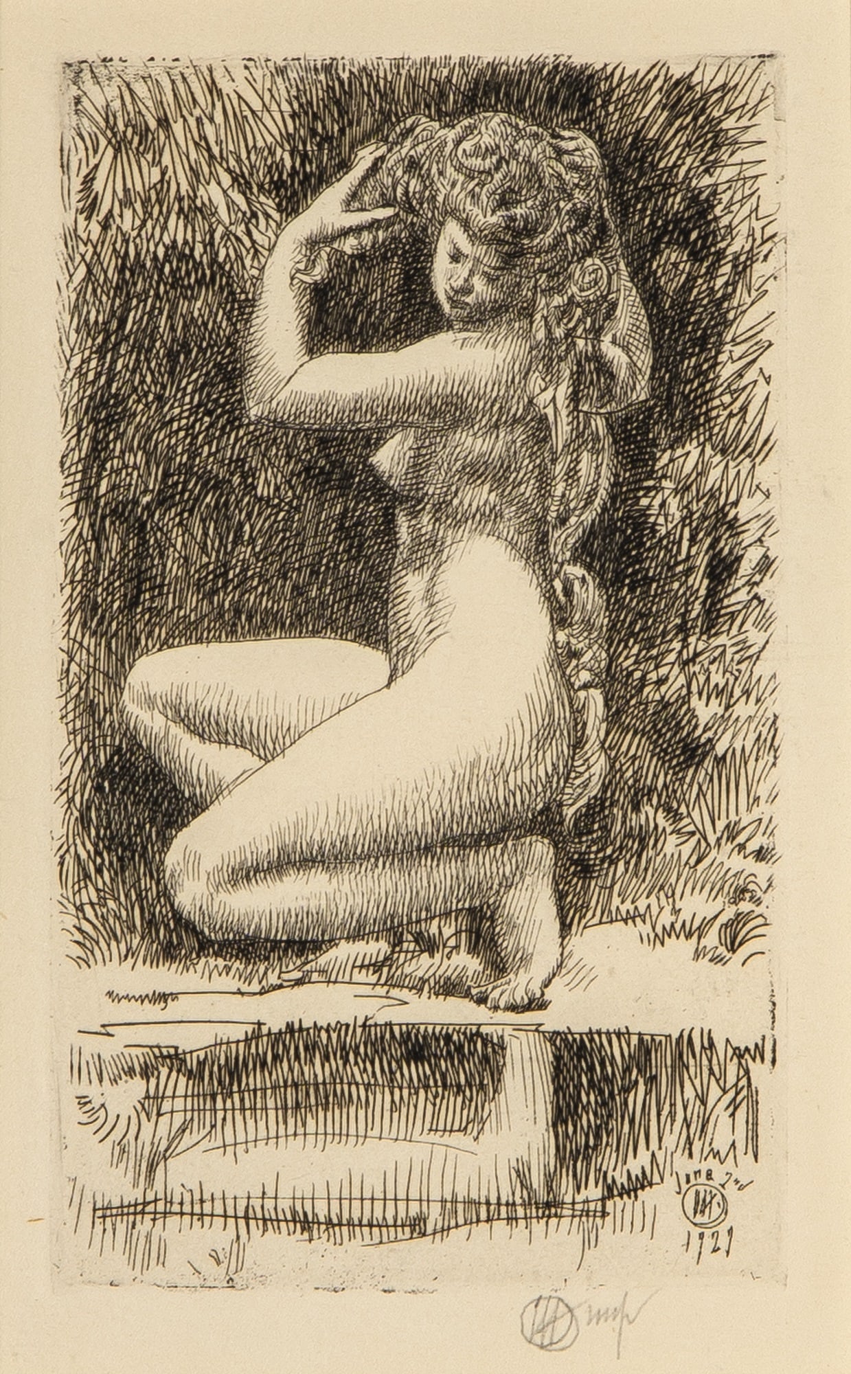 Childe Hassam (1859-1935): EGERIA (CORTISSOZ/CLAYTON 324) Etching, 1929, on wove paper, signed with the artist's cipher and inscribed imp in pencil, with full margins, framed. Plate 5 x 3 inches; 12.7 x 7.6 cm S