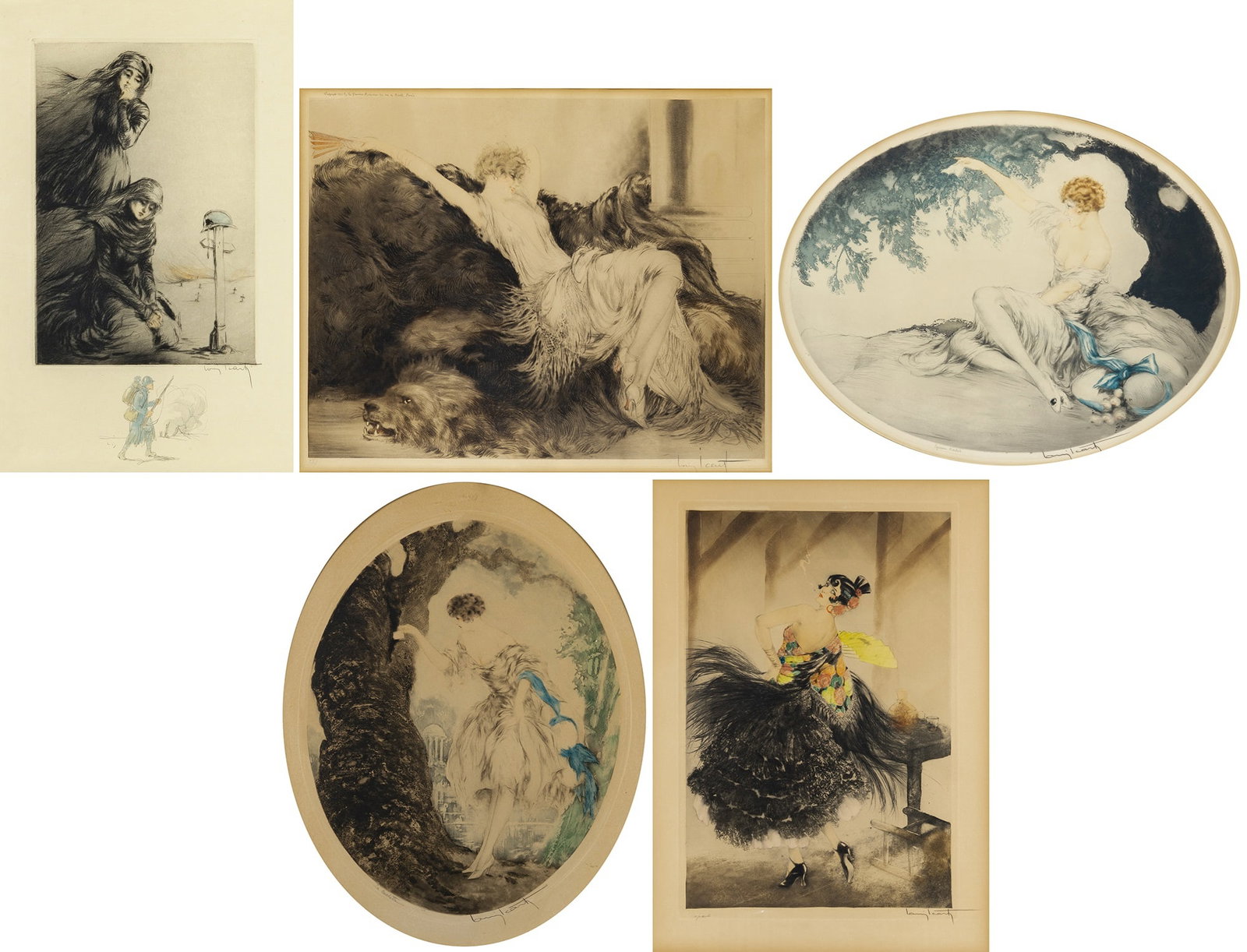Louis Icart (1888-1950): THOSE WHO CRY; LAZINESS; FARWELL; HIDING PLACE; CARMEN (73; 226; 305; 308; 315) Five hand-colored color etchings and drypoints, circa 1917, 1925 and 1927(3), respectively, on wove paper, signed, the